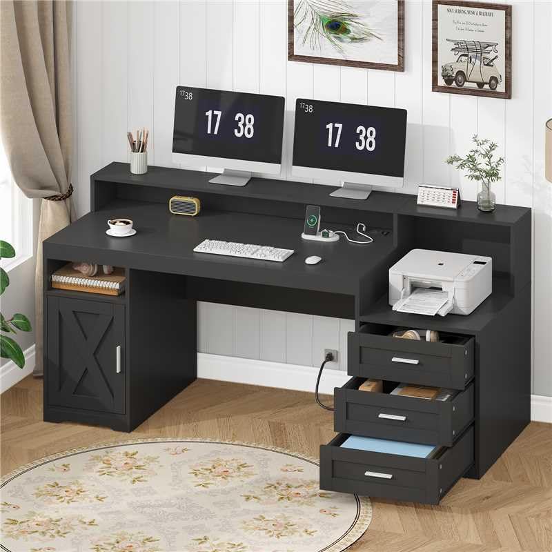 TVU Farmhouse Computer Desk with Drawers, 65'' Home Office Desk with Power Outlets, Storage Cabinet and Printer Stand, Study Writing Desks with Long Monitor Stand, White