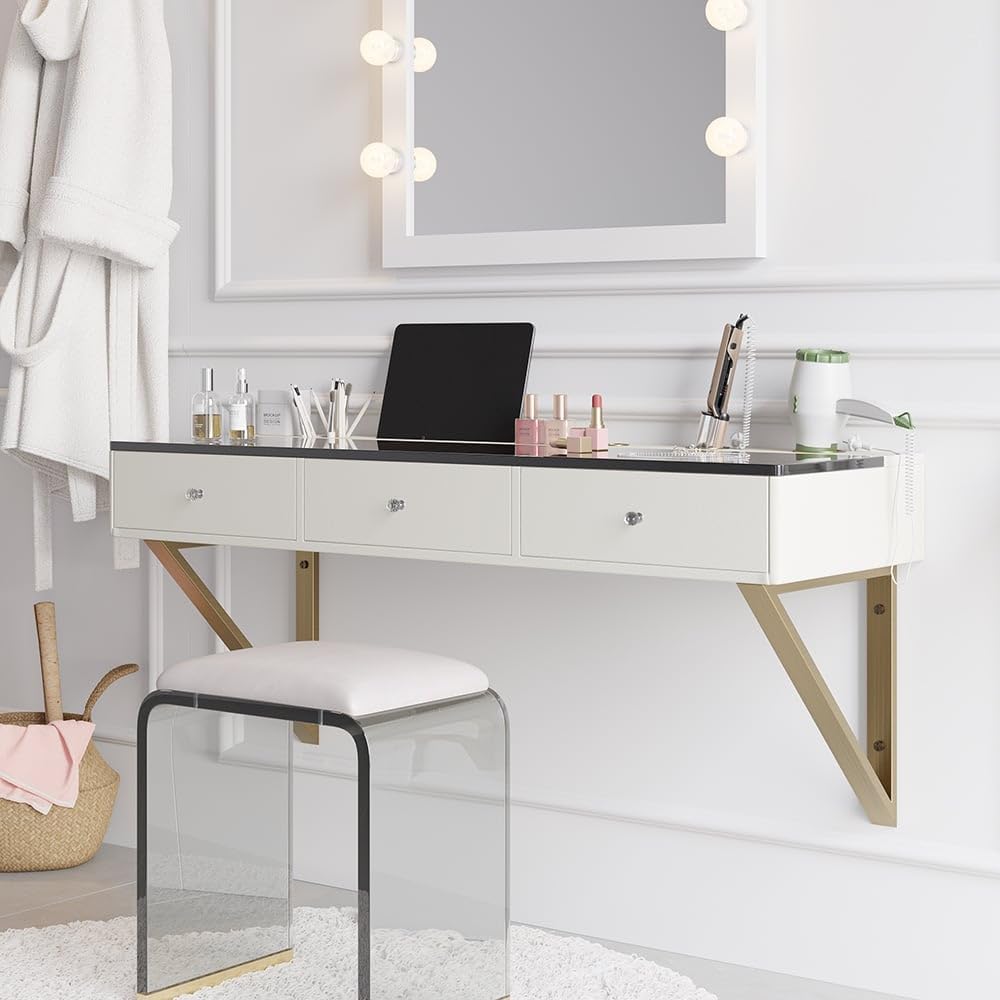 homary 47” Floating Makeup Vanity with Drawers, Wall Mounted Vanity Desk with Tempered Glass Top, Modern Faux Leather Vanity Table for Bedroom, Dressing Room, Small Spaces