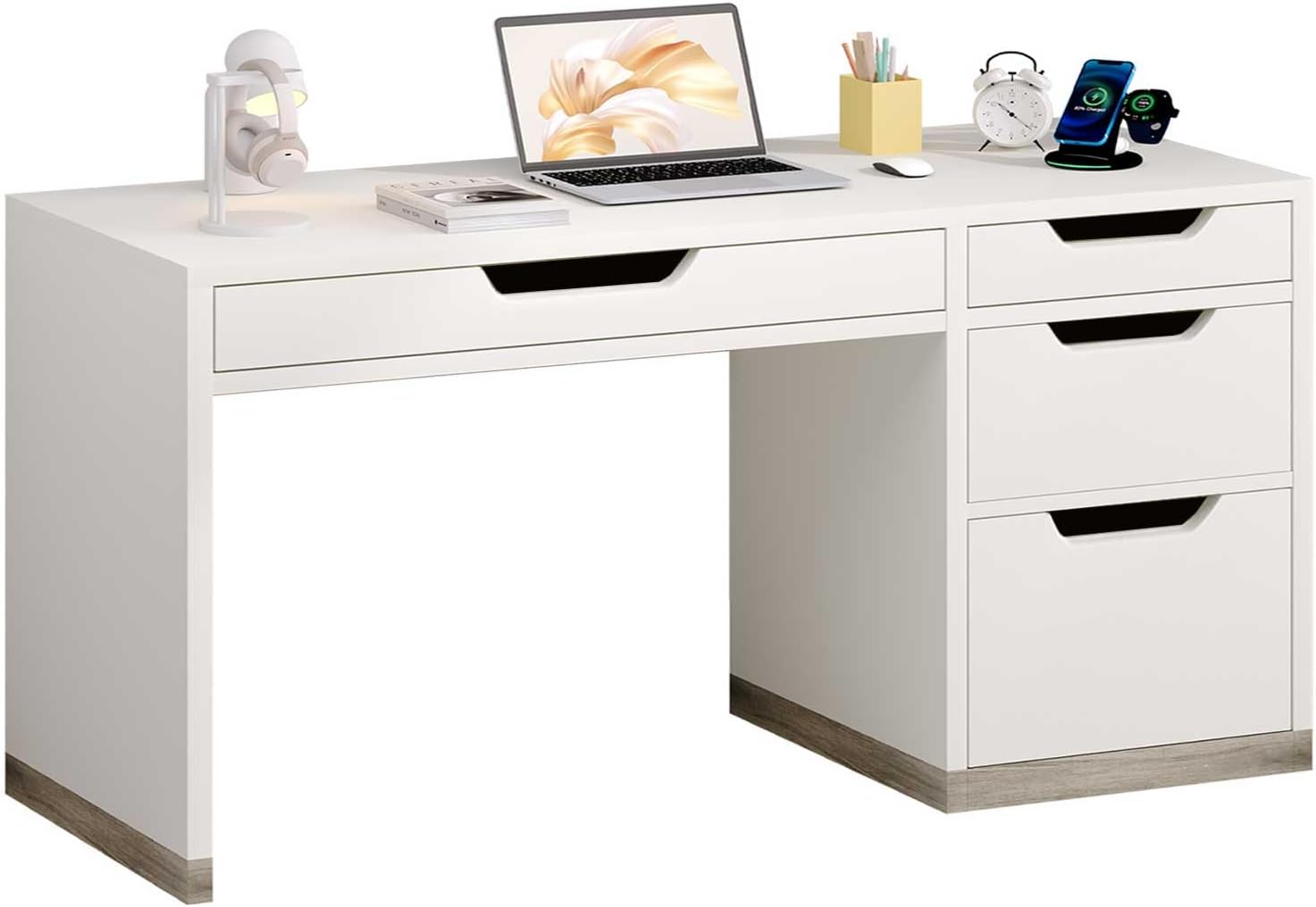 52 Inch Desk with 4 Drawers, Computer Desk with Storage File Cabinet for Bedroom, Small Office Desk with Storage for Small Space, White and Walnut