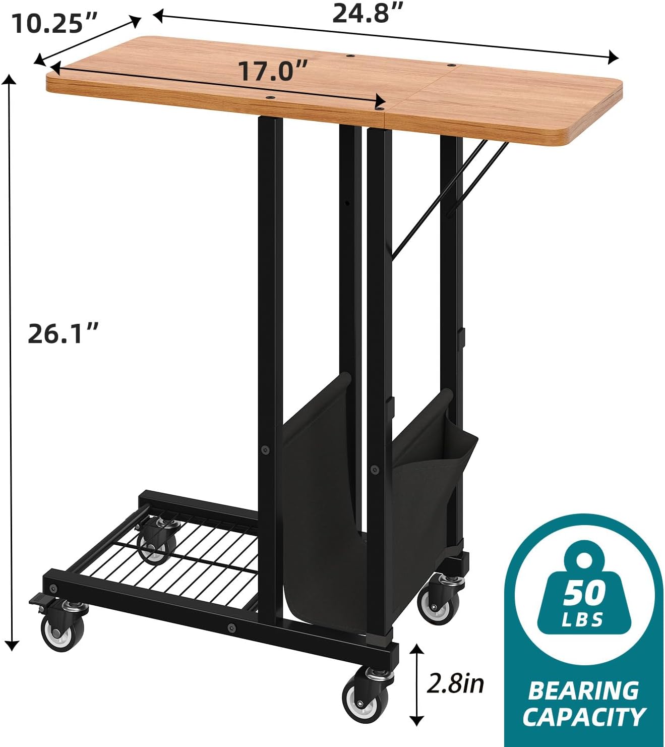 Simple Trending C Shaped End Table, Folding TV Tray Couch Side Table for Sofa on Wheels, Black