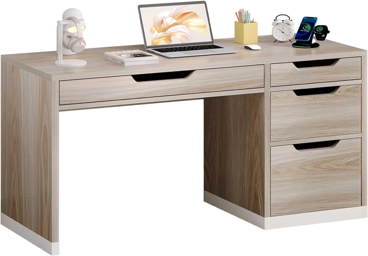 52 Inch Desk with 4 Drawers, Computer Desk with Storage File Cabinet for Bedroom, Small Office Desk with Storage for Small Space, White and Walnut