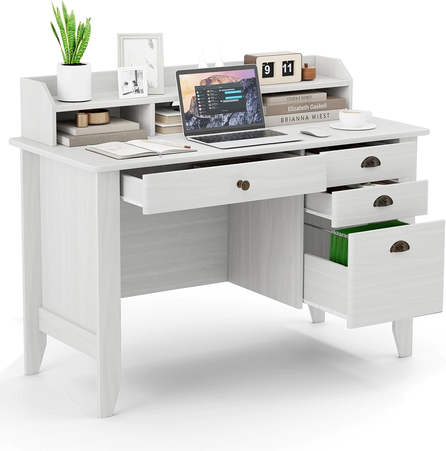 Safeplus 48" Computer Desk with 4 Storage Drawers and Hutch Wood Executive Table for PC Laptop