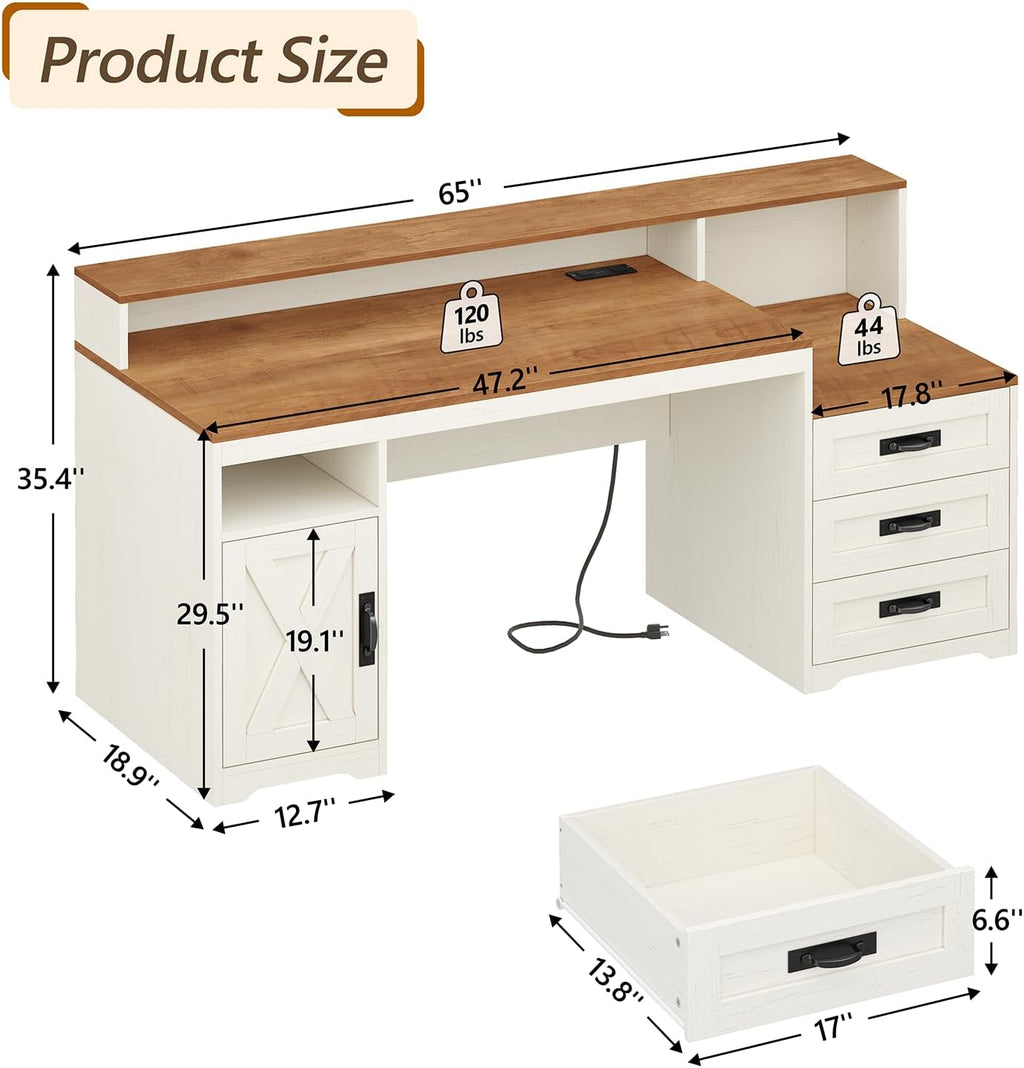 TVU Farmhouse Computer Desk with Drawers, 65'' Home Office Desk with Power Outlets, Storage Cabinet and Printer Stand, Study Writing Desks with Long Monitor Stand, White