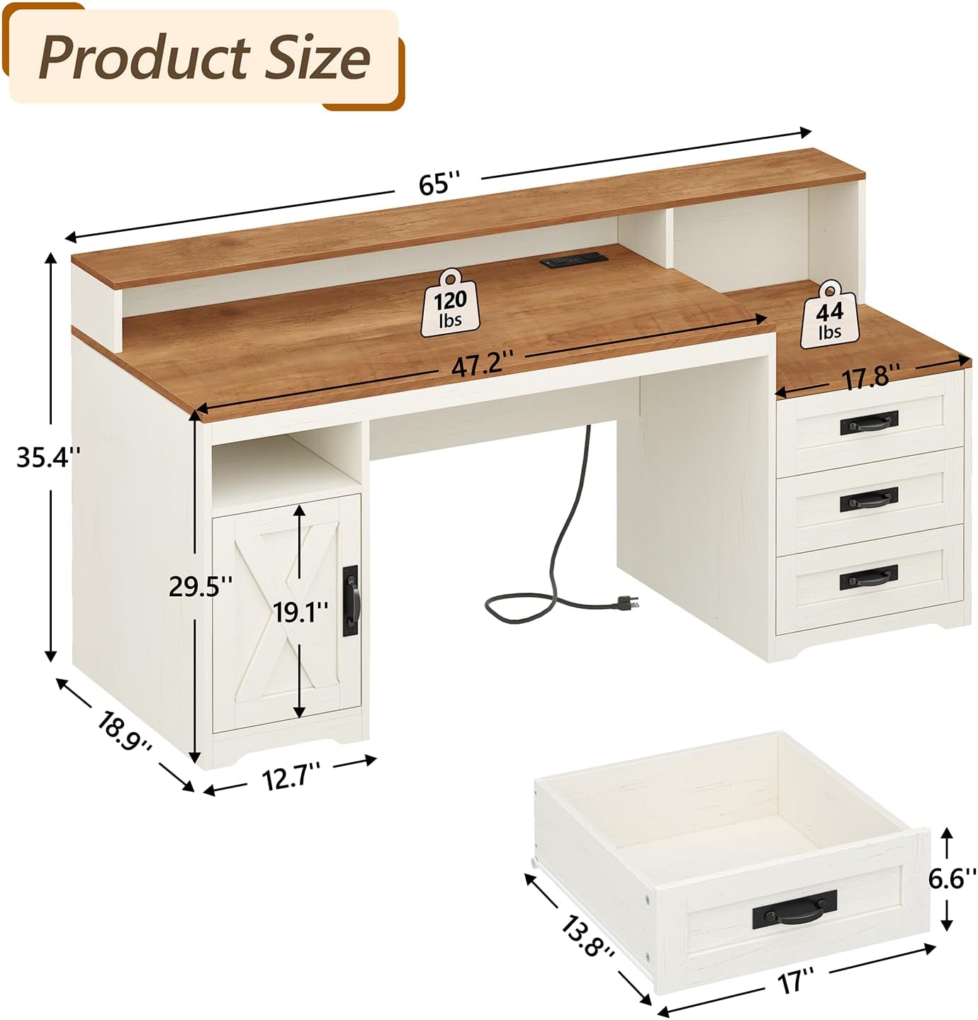 TVU Farmhouse Computer Desk with Drawers, 65'' Home Office Desk with Power Outlets, Storage Cabinet and Printer Stand, Study Writing Desks with Long Monitor Stand, White