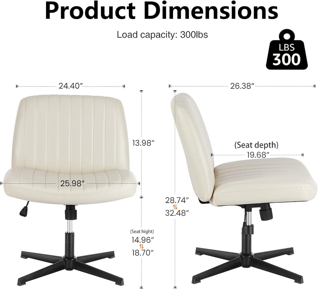 DUMOS Desk Chair No Wheels, Criss Cross Chair Wide Cross Legged Office Desk Vanity Chair, PU Leather Armless Adjustable Swivel Chairs for Home Computer Task Beige