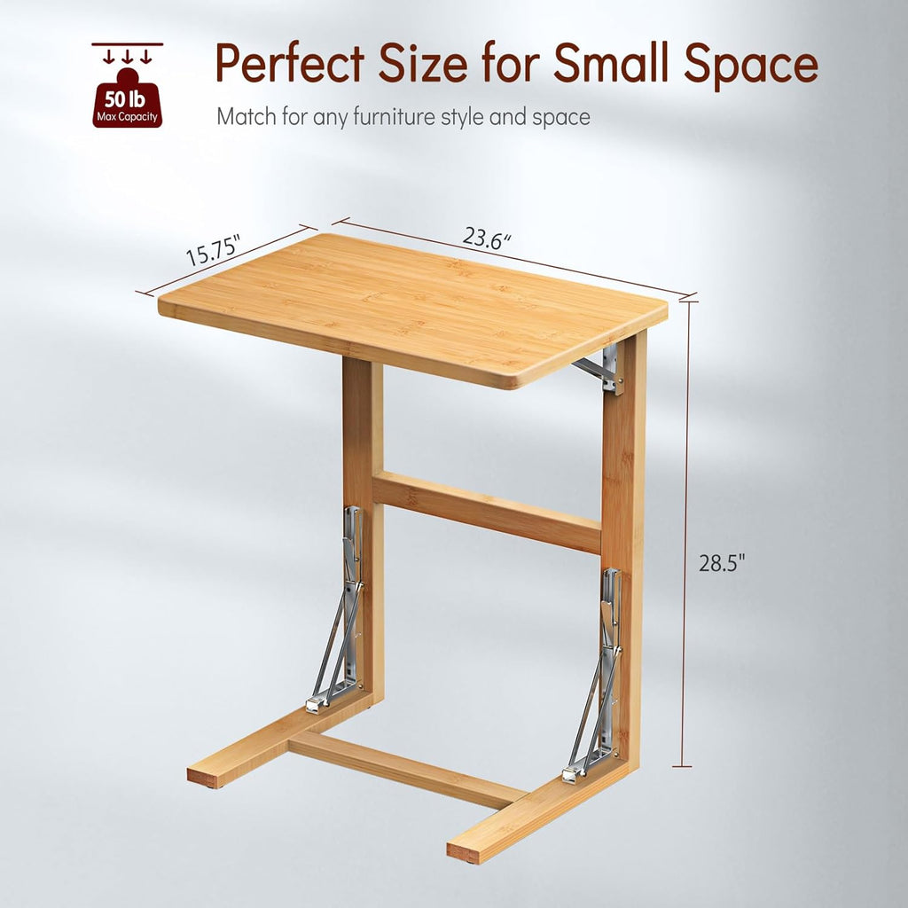 Tatub 24'' Folding TV Tray Table, Foldable C Shaped End Table Slide Under Couch, Small Sofa Side Laptop Desk for Living Room, Bedroom, Nature