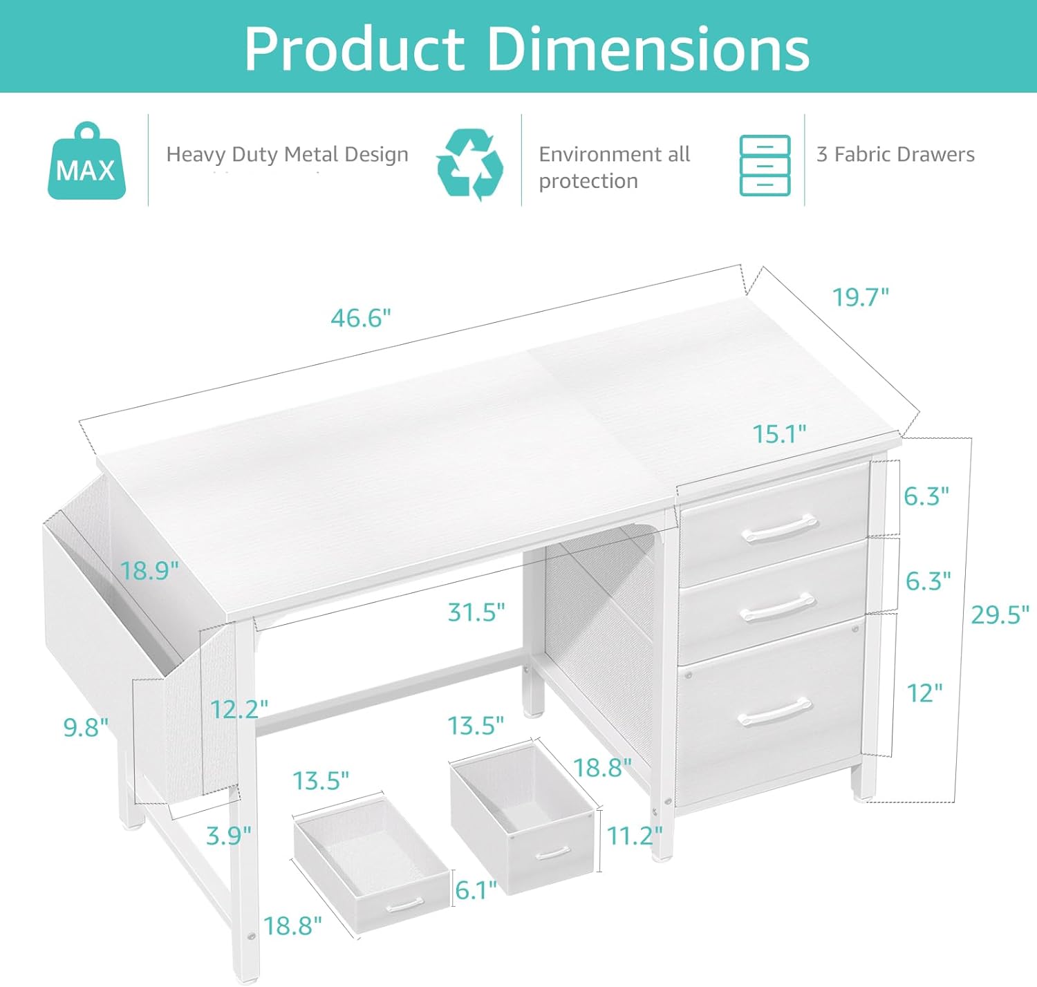 Lufeiya White Desk with Fabric File Drawers Cabinet, 47 Inch Reversible Computer Desk with Filing Cabinet for Bedroom Small Space Home Office, Modern Writing Table PC Desks, White