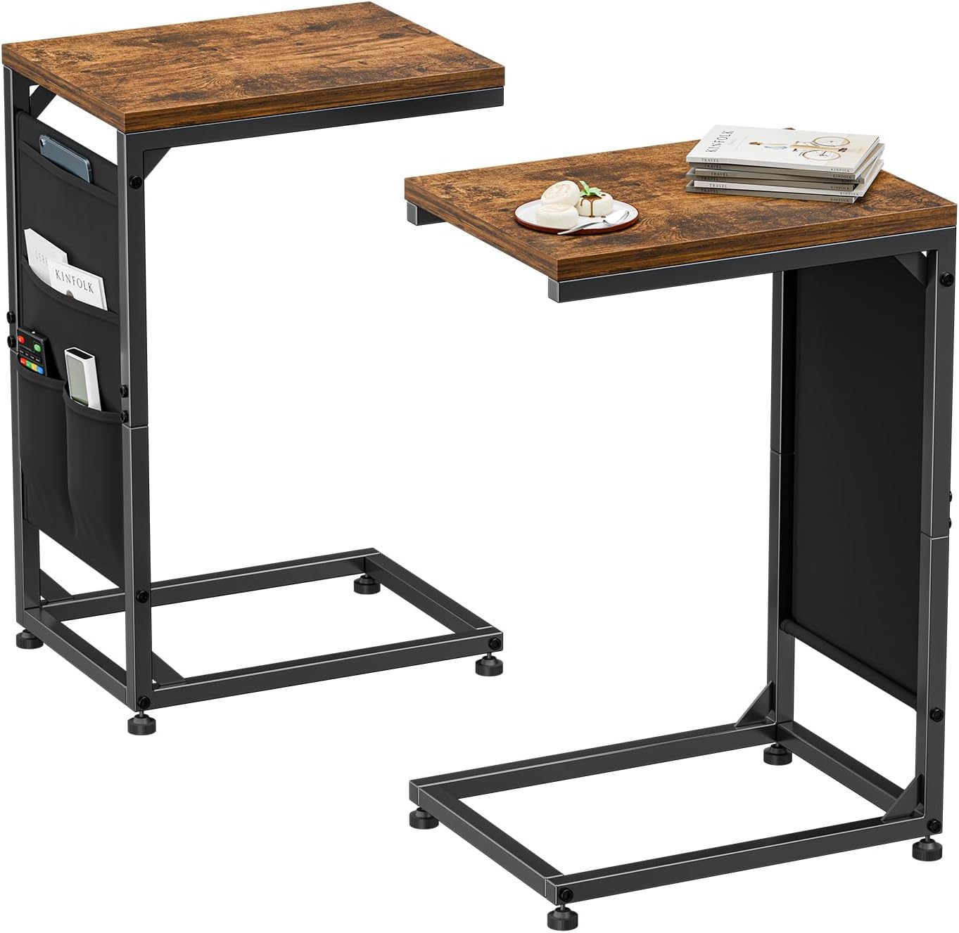 Simple Trending C Shaped End Table, Folding TV Tray Couch Side Table for Sofa on Wheels, Black