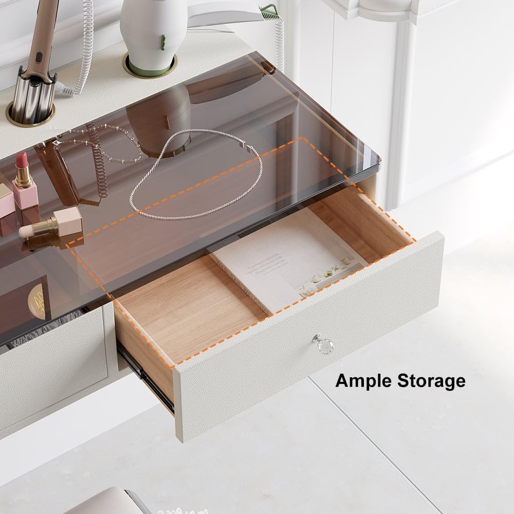 homary 47” Floating Makeup Vanity with Drawers, Wall Mounted Vanity Desk with Tempered Glass Top, Modern Faux Leather Vanity Table for Bedroom, Dressing Room, Small Spaces