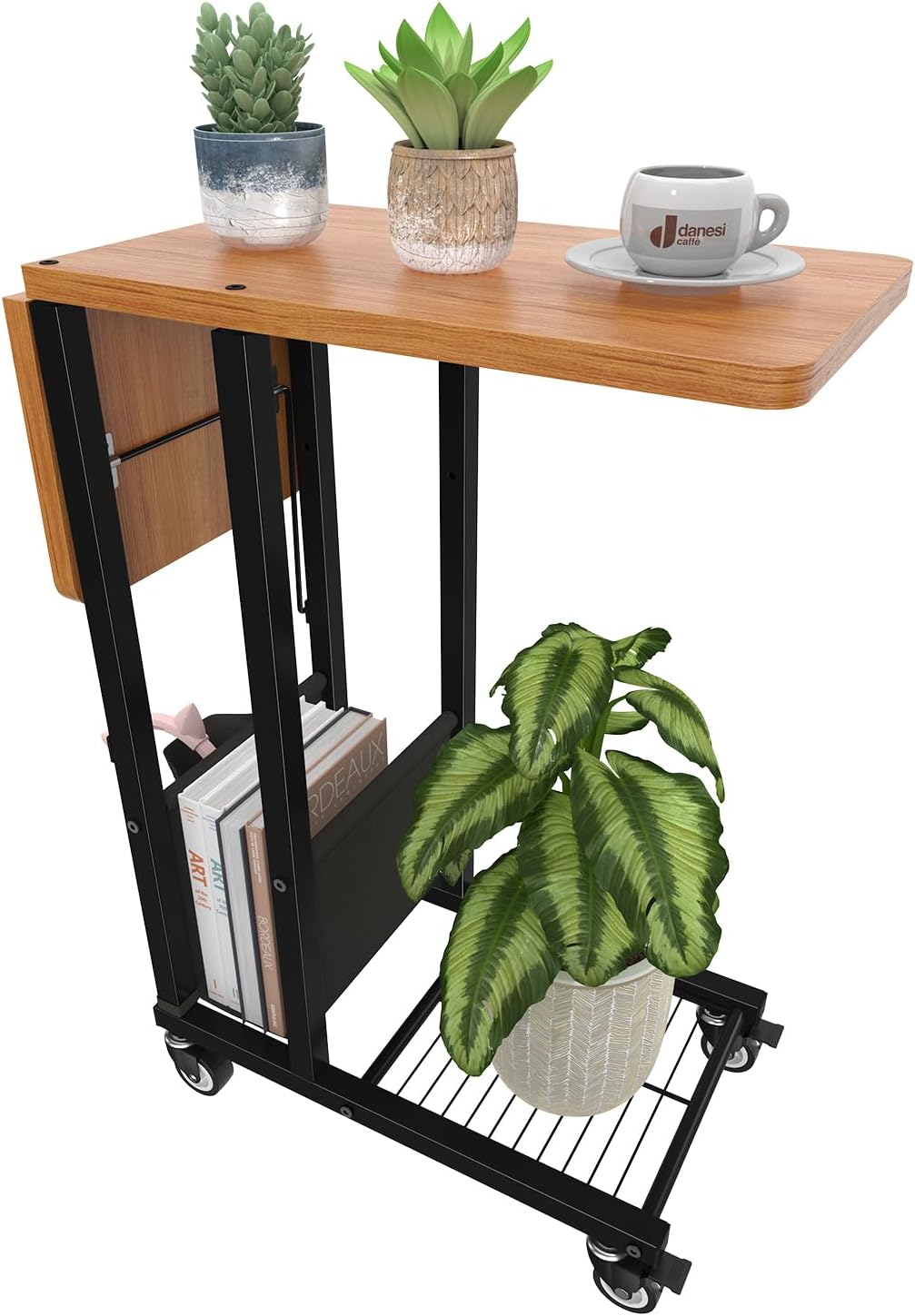 Simple Trending C Shaped End Table, Folding TV Tray Couch Side Table for Sofa on Wheels, Black