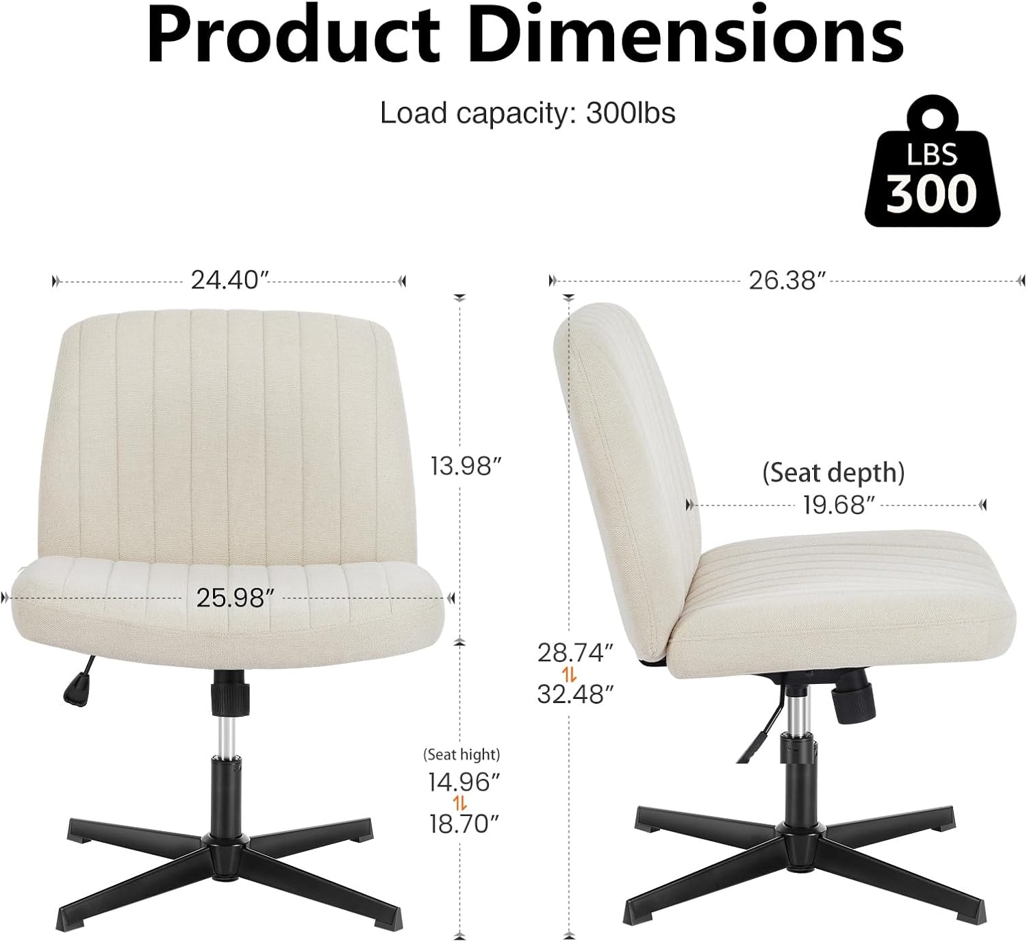 DUMOS Criss Cross Chair No Wheels Wide Cross Legged Office Desk Vanity Chair Comfy Fabric Armless Adjustable Swivel for Home Computer Task (Beige)