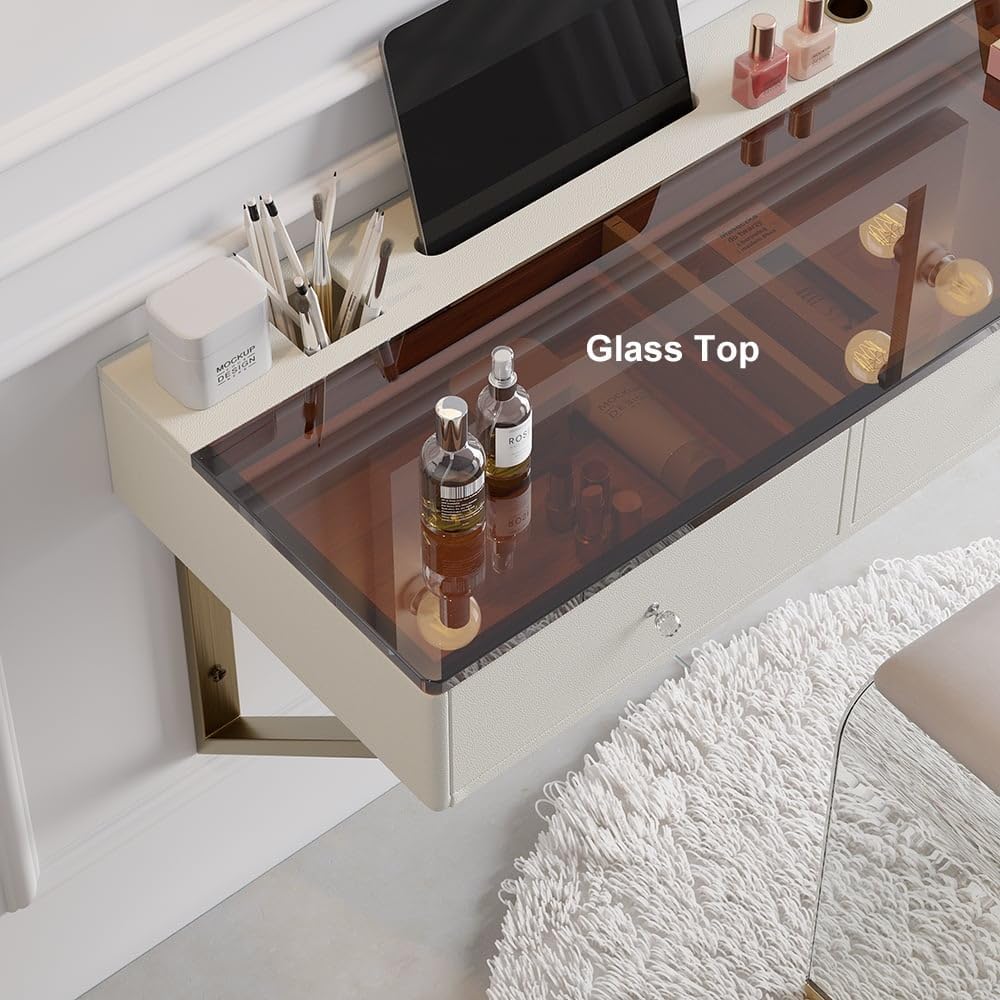 homary 47” Floating Makeup Vanity with Drawers, Wall Mounted Vanity Desk with Tempered Glass Top, Modern Faux Leather Vanity Table for Bedroom, Dressing Room, Small Spaces