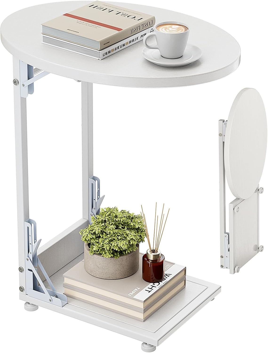 Elbourn Folding Side Table End Couch Tables, C-Shaped End Table for Living Room, Small End Table for Bedroom, Coffee Table (Black)