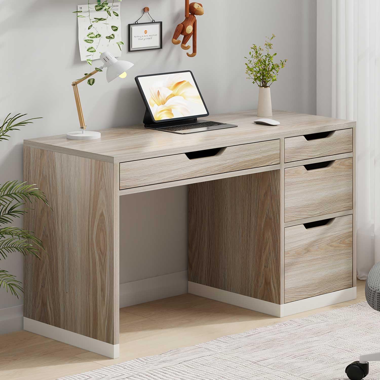 52 Inch Desk with 4 Drawers, Computer Desk with Storage File Cabinet for Bedroom, Small Office Desk with Storage for Small Space, White and Walnut