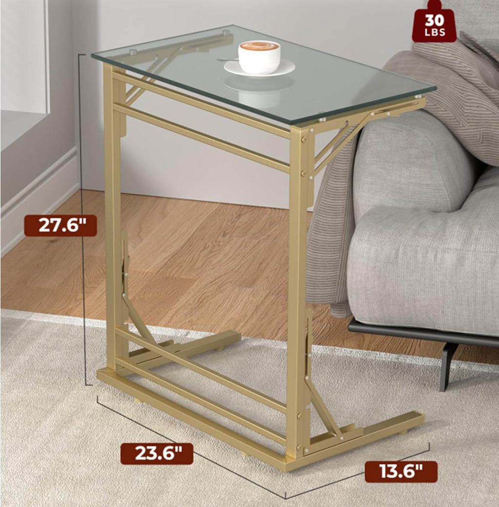 Tatub 24" Folding C Shaped End Table, Small Tempered Glass Side Table for Couch or Bed, Foldable TV Tray Laptop Desk with Gold Metal Frame