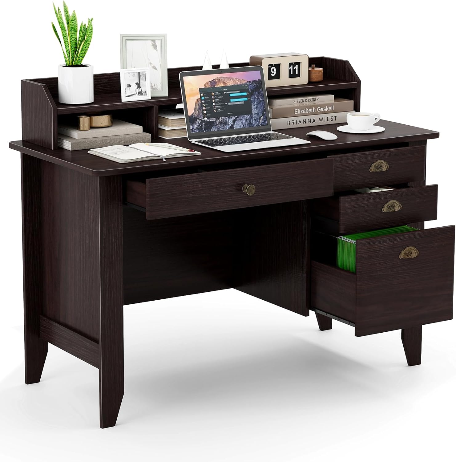 Safeplus 48" Computer Desk with 4 Storage Drawers and Hutch Wood Executive Table for PC Laptop