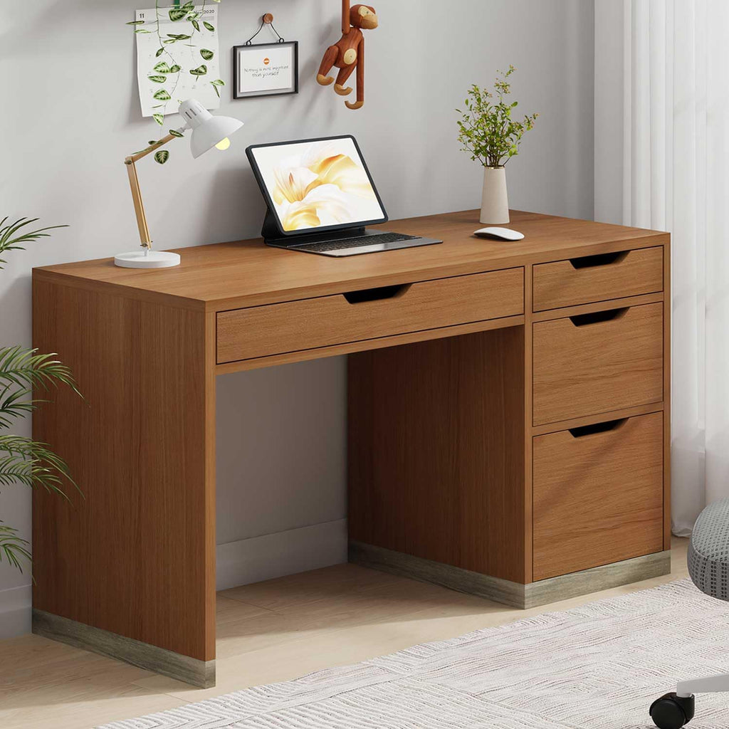 52 Inch Desk with 4 Drawers, Computer Desk with Storage File Cabinet for Bedroom, Small Office Desk with Storage for Small Space, White and Walnut
