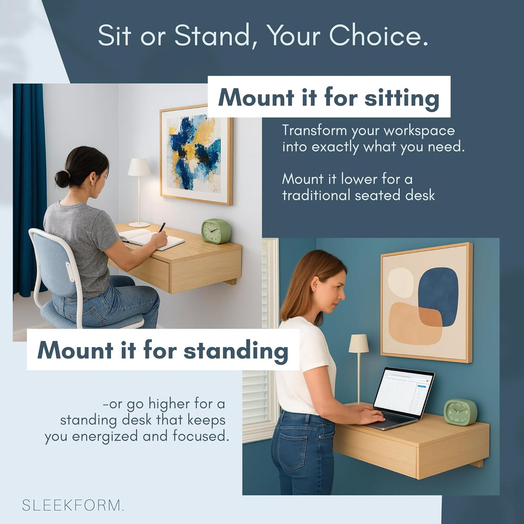 Sleekform Floating Desk for Wall with Drawer - 30x16x6 in. Floating Drawers, Wall Mounted Desk or Vanity Makeup Table, Modern White Oak Patterned Laminate