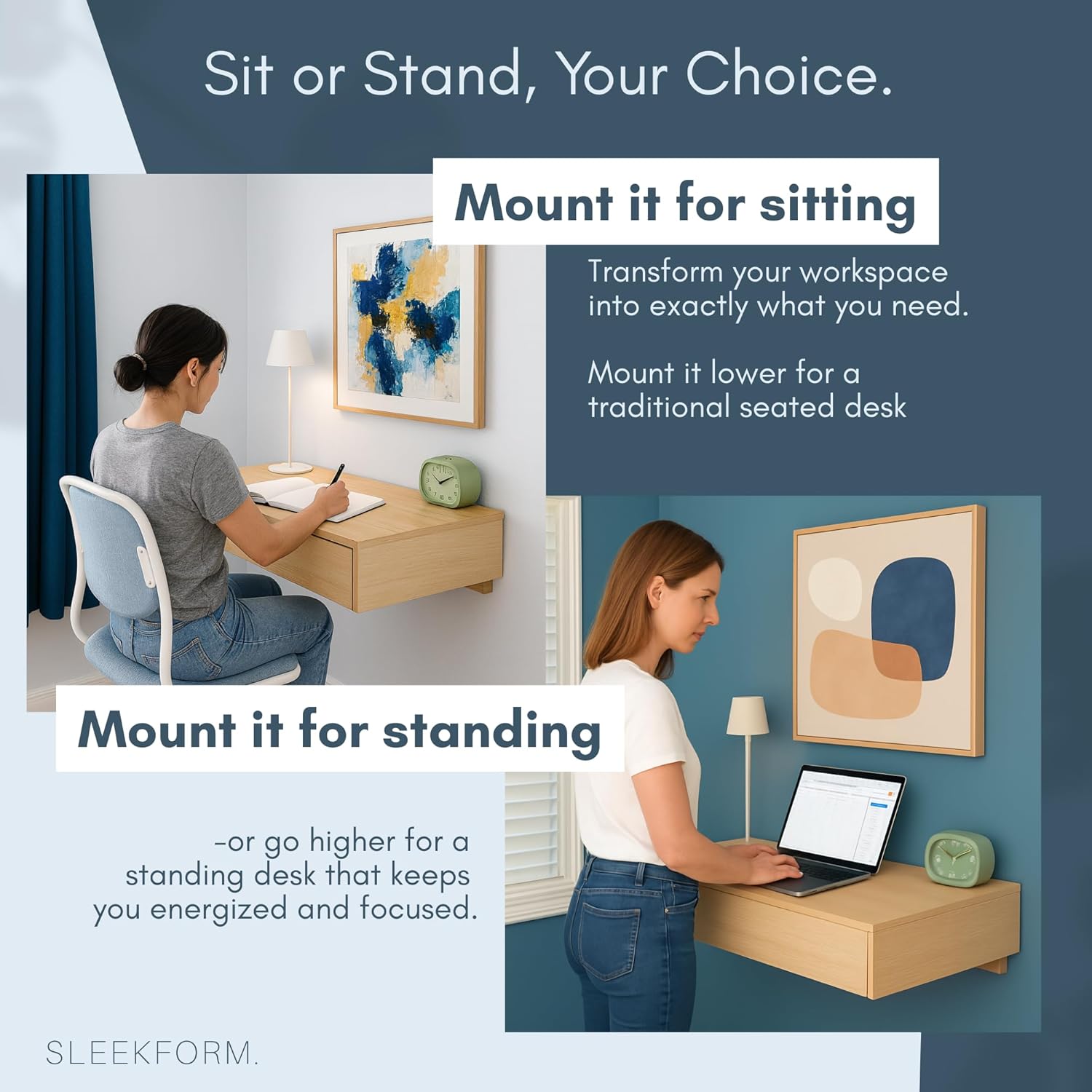 Sleekform Floating Desk for Wall with Drawer - 30x16x6 in. Floating Drawers, Wall Mounted Desk or Vanity Makeup Table, Modern White Oak Patterned Laminate