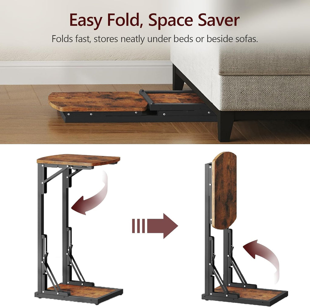 Folding C-Shaped End Table, Side Table for Couch, TV Tray Table for Small Spaces, Small Couch Side Table That Slide Under Sofa Bed, Living Room, Bedroom, Bedside, Rustic Brown ETHR4101