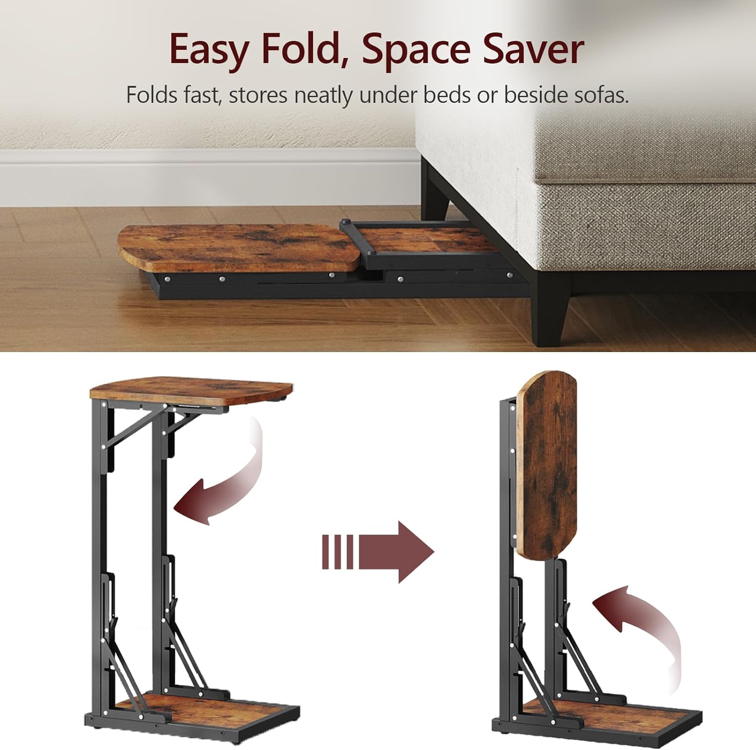 Folding C-Shaped End Table, Side Table for Couch, TV Tray Table for Small Spaces, Small Couch Side Table That Slide Under Sofa Bed, Living Room, Bedroom, Bedside, Rustic Brown ETHR4101