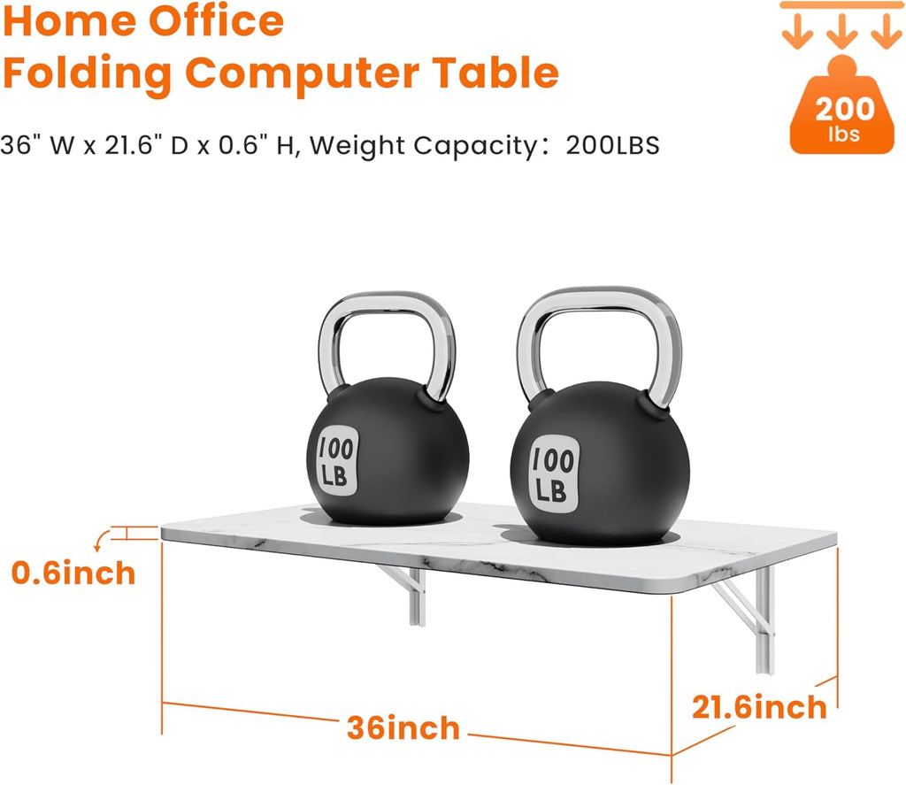 IAE Wall Mounted Floating Foldable Desk, 36" x 22" Folding Computer Workstation Table with Engineered Wood and Metal Shelf Brackets,Fold&Floating Design for Home Office, Small Rooms,Work Setups,White