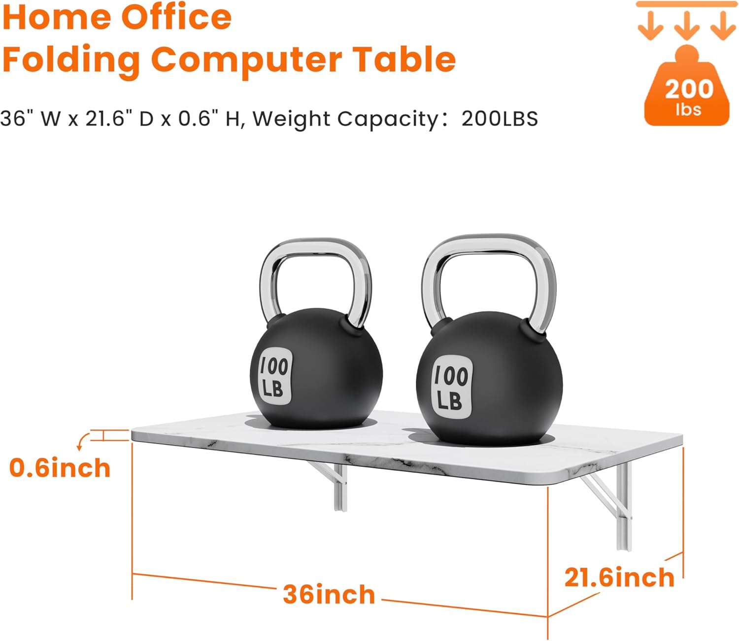 IAE Wall Mounted Floating Foldable Desk, 36" x 22" Folding Computer Workstation Table with Engineered Wood and Metal Shelf Brackets,Fold&Floating Design for Home Office, Small Rooms,Work Setups,White