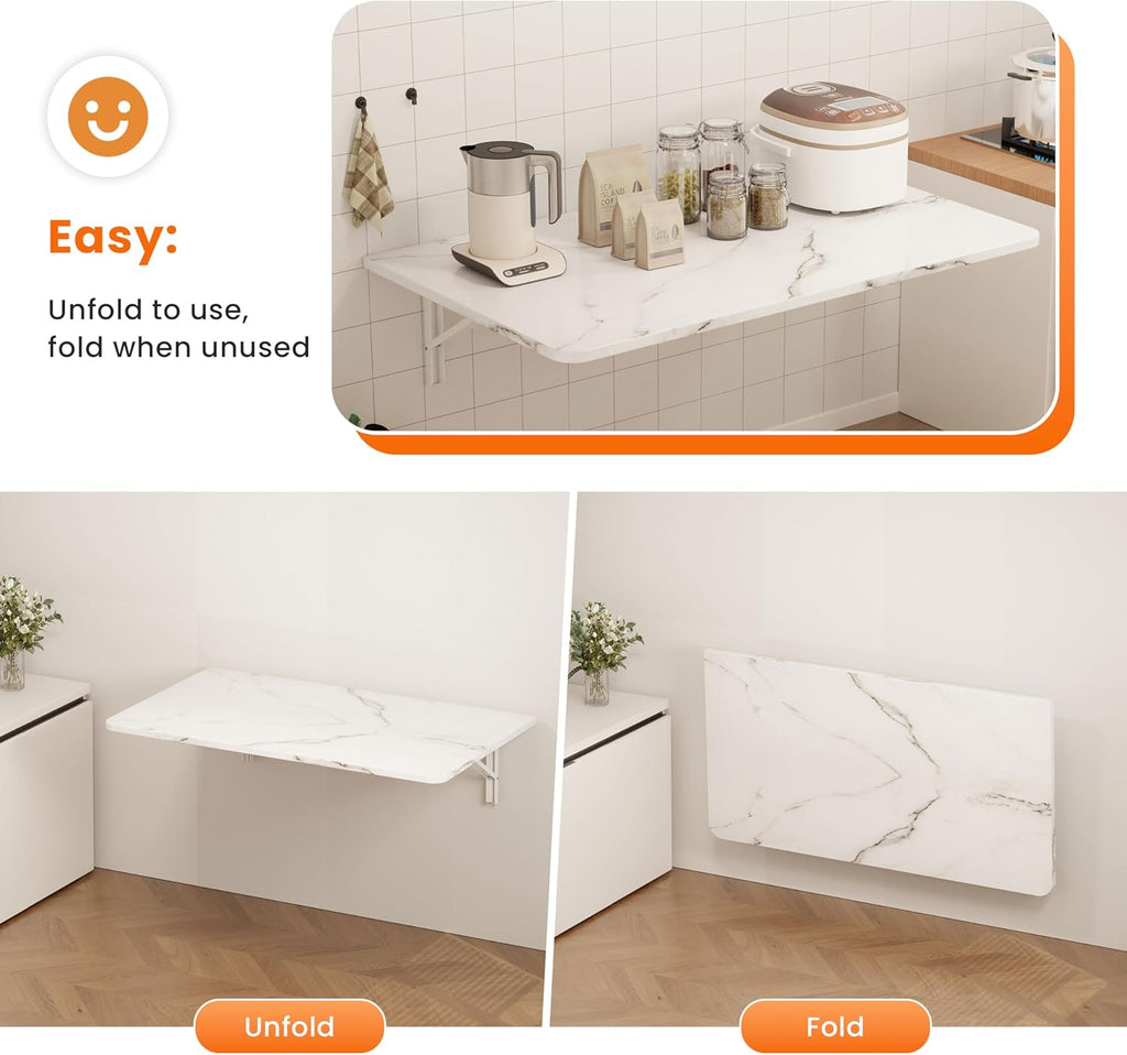 IAE Wall Mounted Floating Foldable Desk, 36" x 22" Folding Computer Workstation Table with Engineered Wood and Metal Shelf Brackets,Fold&Floating Design for Home Office, Small Rooms,Work Setups,White