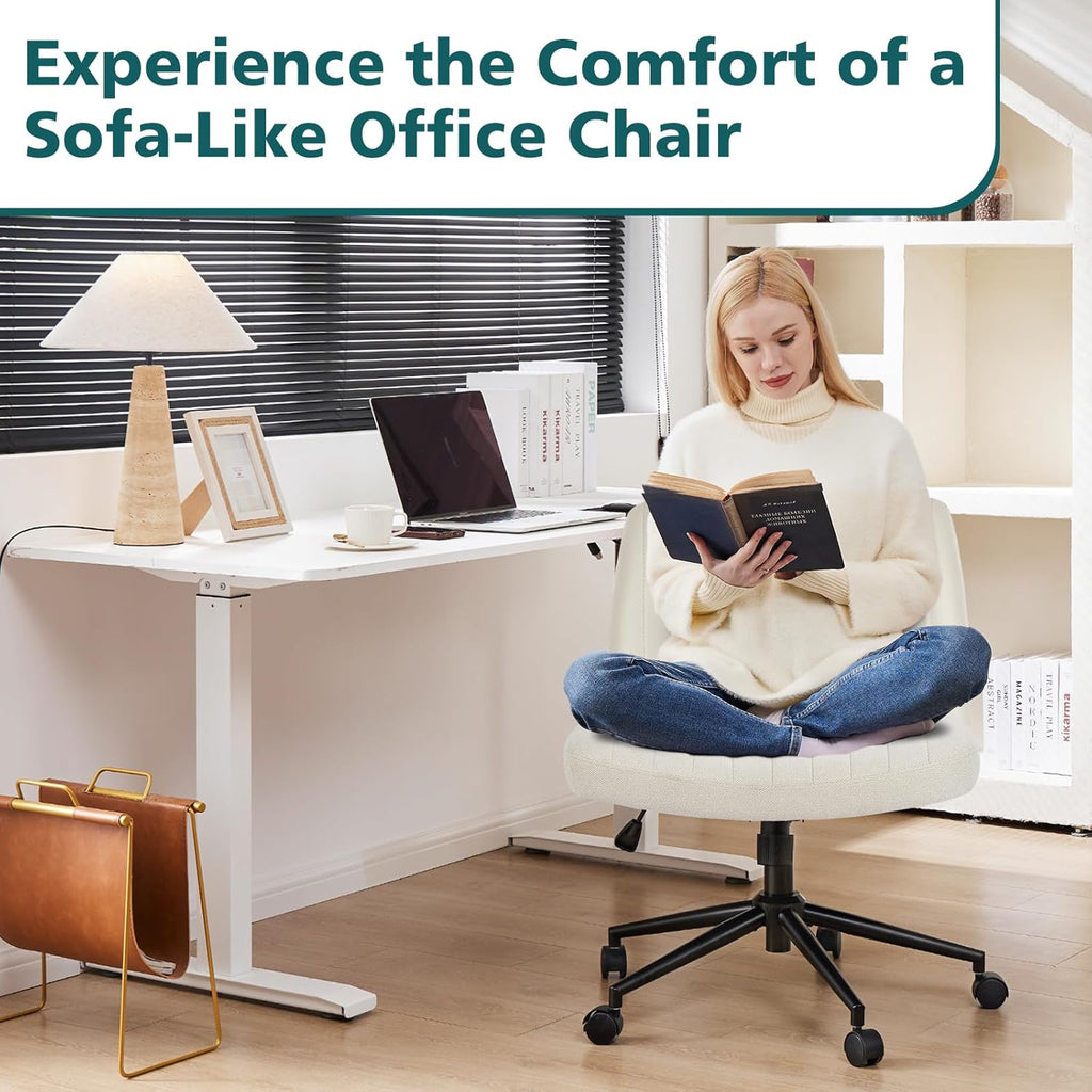 OLIXIS Criss Cross Chair with Wheels Wide Cross Legged Office Desk Vanity Chair Comfy Fabric Armless Adjustable Swivel for Home Computer Task Fabric Beige