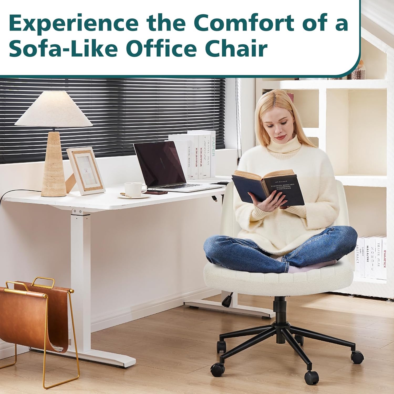 OLIXIS Criss Cross Chair with Wheels Wide Cross Legged Office Desk Vanity Chair Comfy Fabric Armless Adjustable Swivel for Home Computer Task Fabric Beige