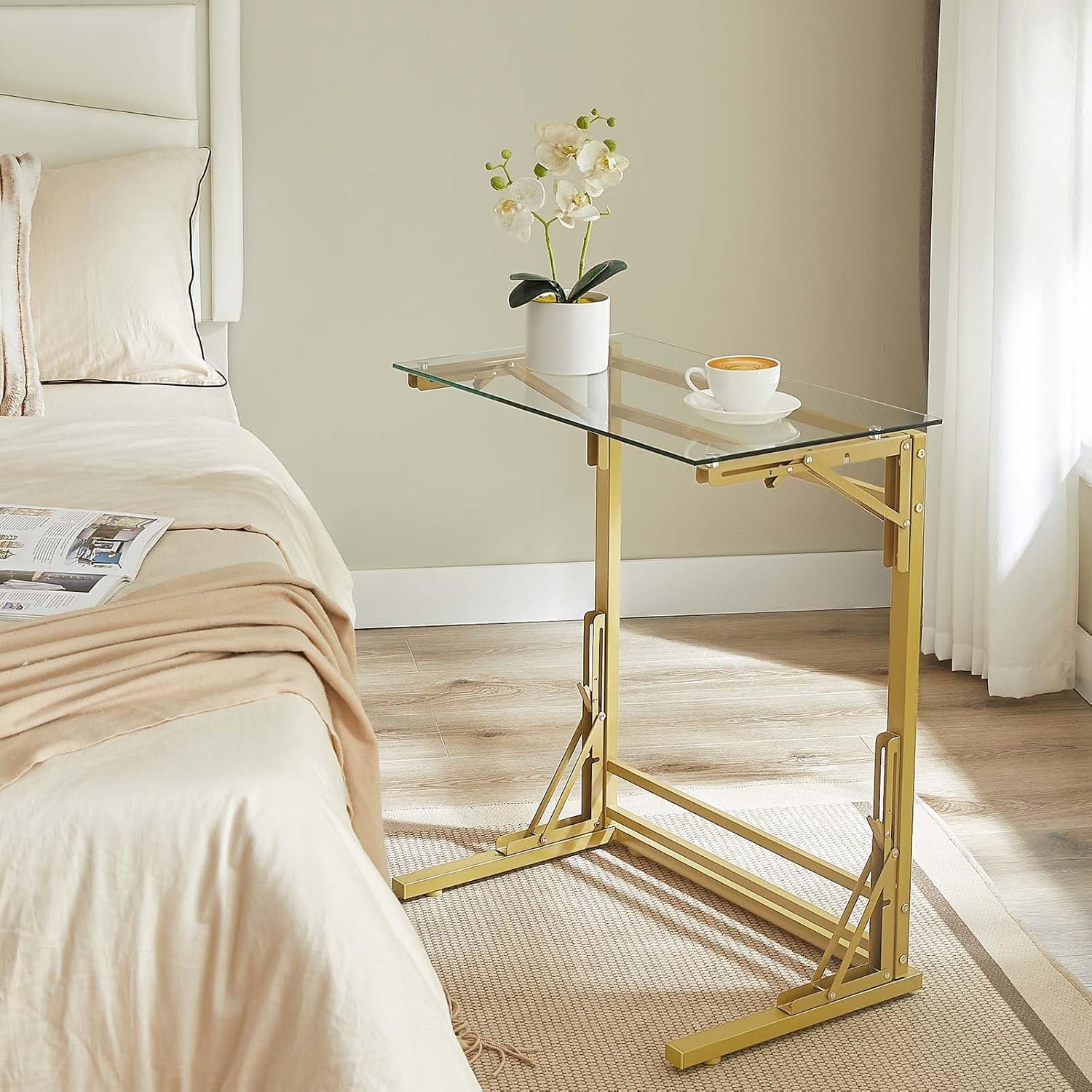 Tatub 24" Folding C Shaped End Table, Small Tempered Glass Side Table for Couch or Bed, Foldable TV Tray Laptop Desk with Gold Metal Frame