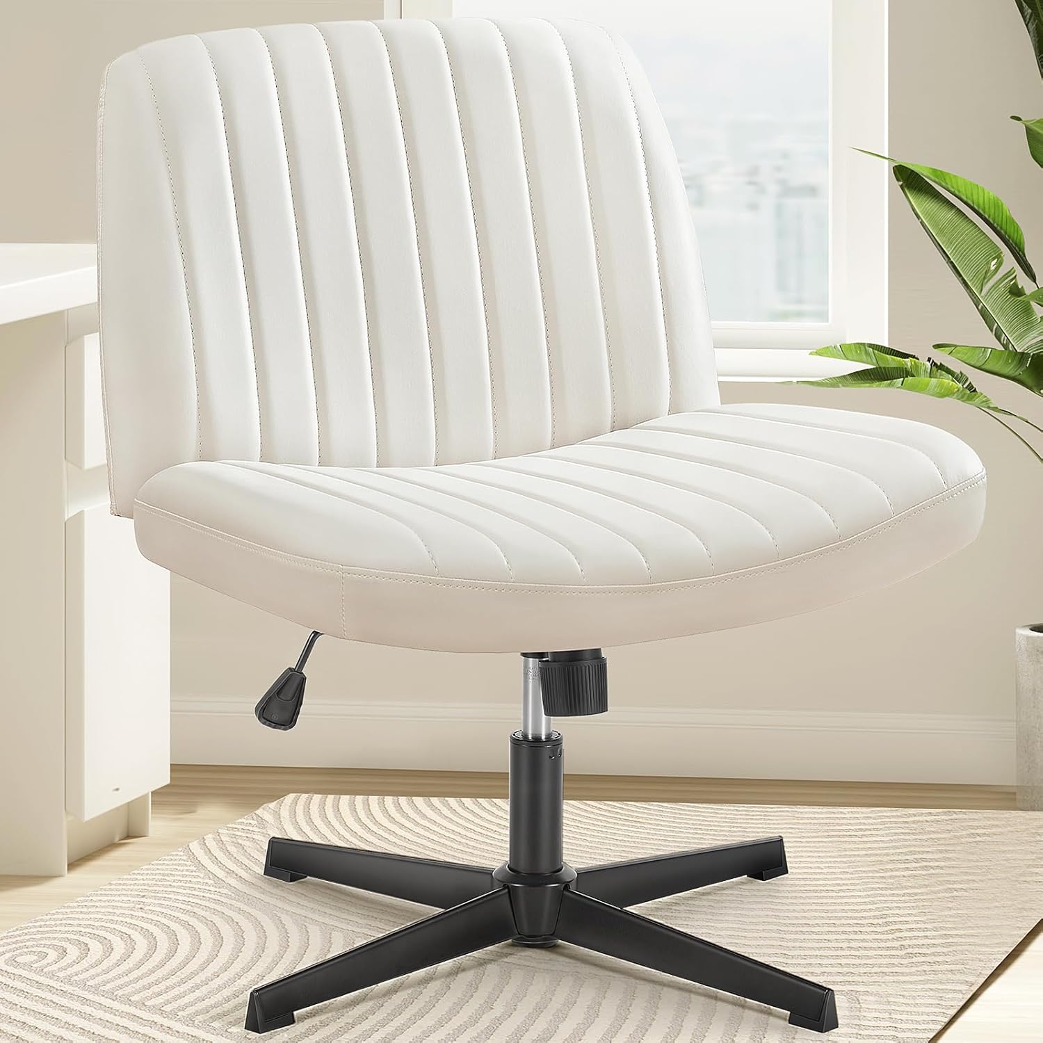 OLIXIS Criss Cross Chair with Wheels Wide Cross Legged Office Desk Vanity Chair Comfy Fabric Armless Adjustable Swivel for Home Computer Task Fabric Beige