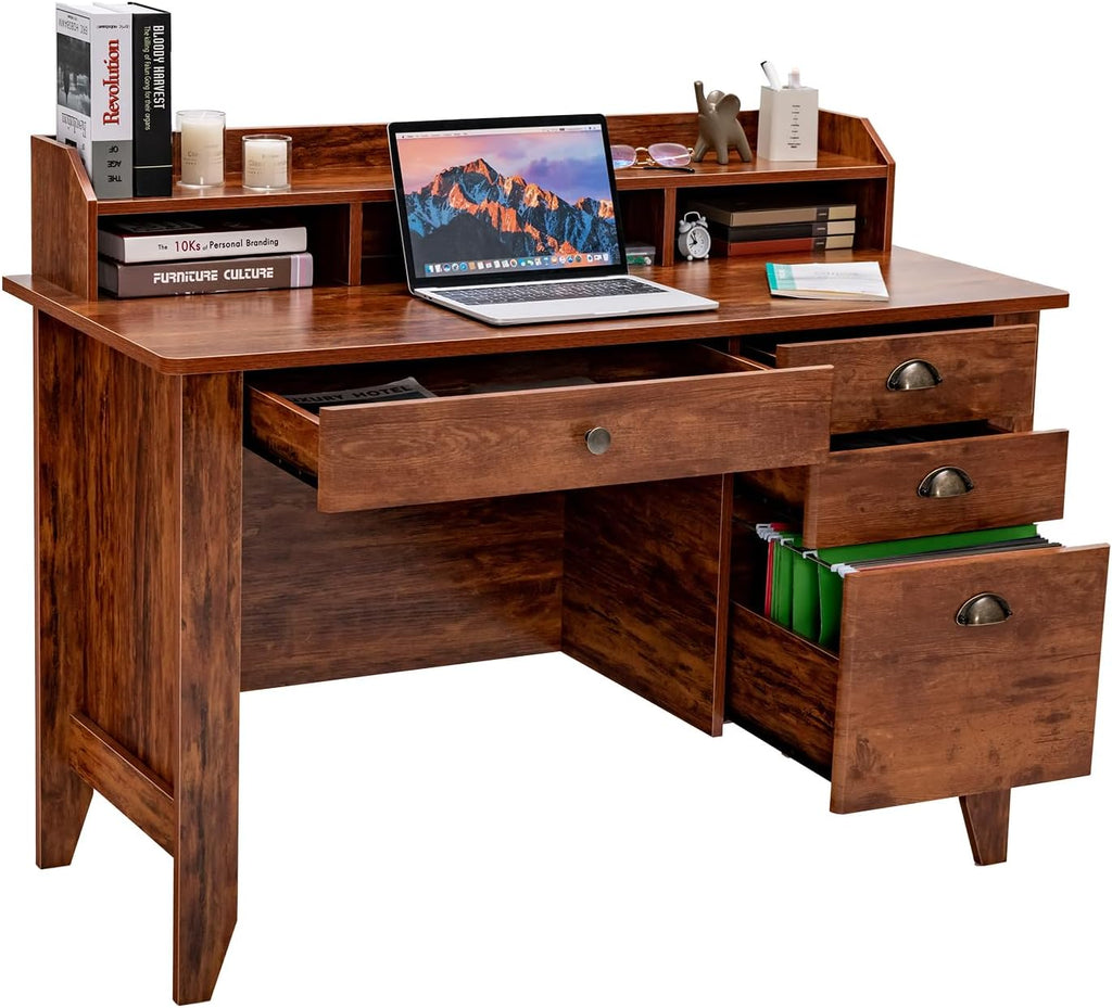 Safeplus 48" Computer Desk with 4 Storage Drawers and Hutch Wood Executive Table for PC Laptop