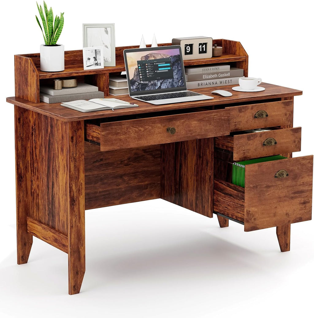 Safeplus 48" Computer Desk with 4 Storage Drawers and Hutch Wood Executive Table for PC Laptop