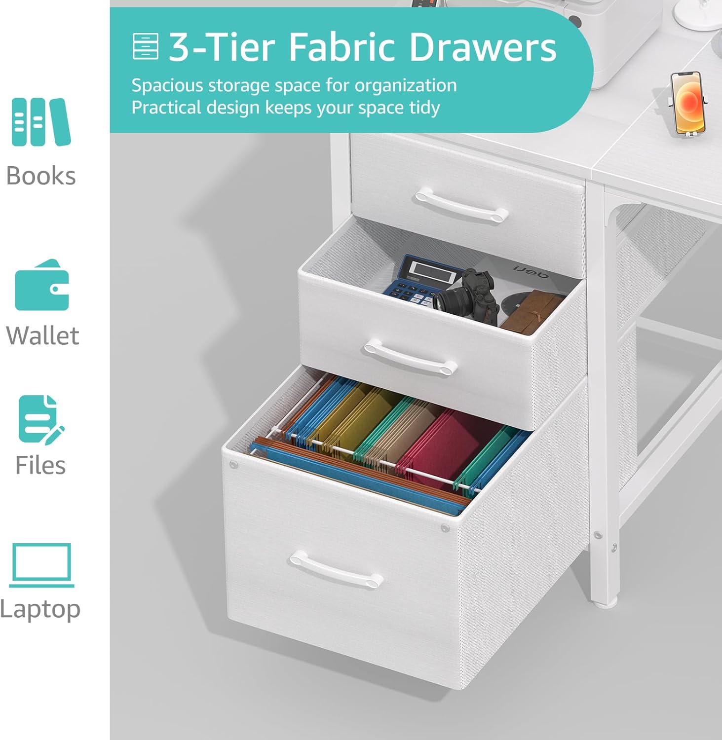 Lufeiya White Desk with Fabric File Drawers Cabinet, 47 Inch Reversible Computer Desk with Filing Cabinet for Bedroom Small Space Home Office, Modern Writing Table PC Desks, White