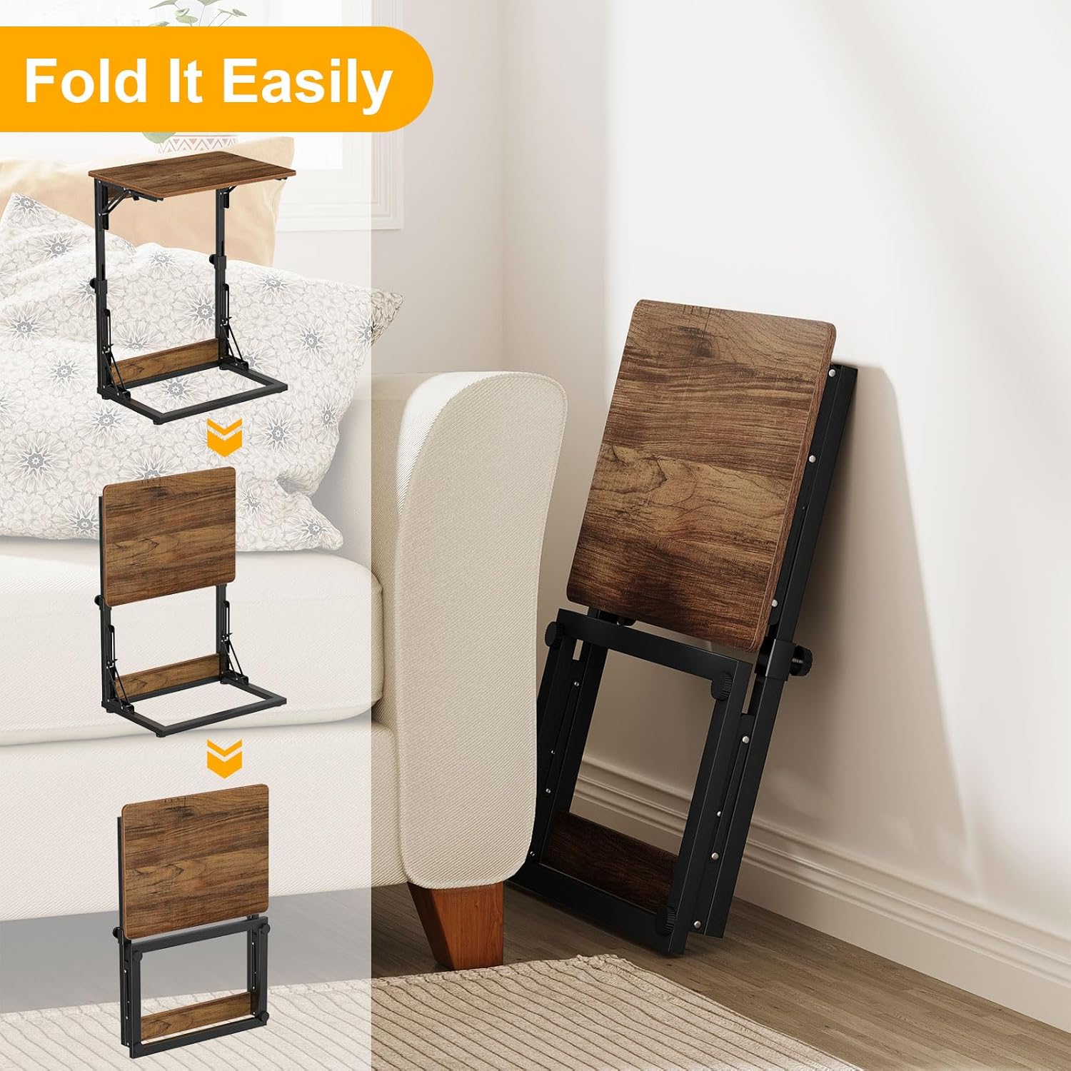 Snughome Adjustable TV Tray Table, 19.68''Lx14.96''W Foldable C-Shaped End Table for Couch, Folding TV Tray with 6 Height for Eating, Side Tables with Sturdy Metal Frame for Living Room, Bedroom