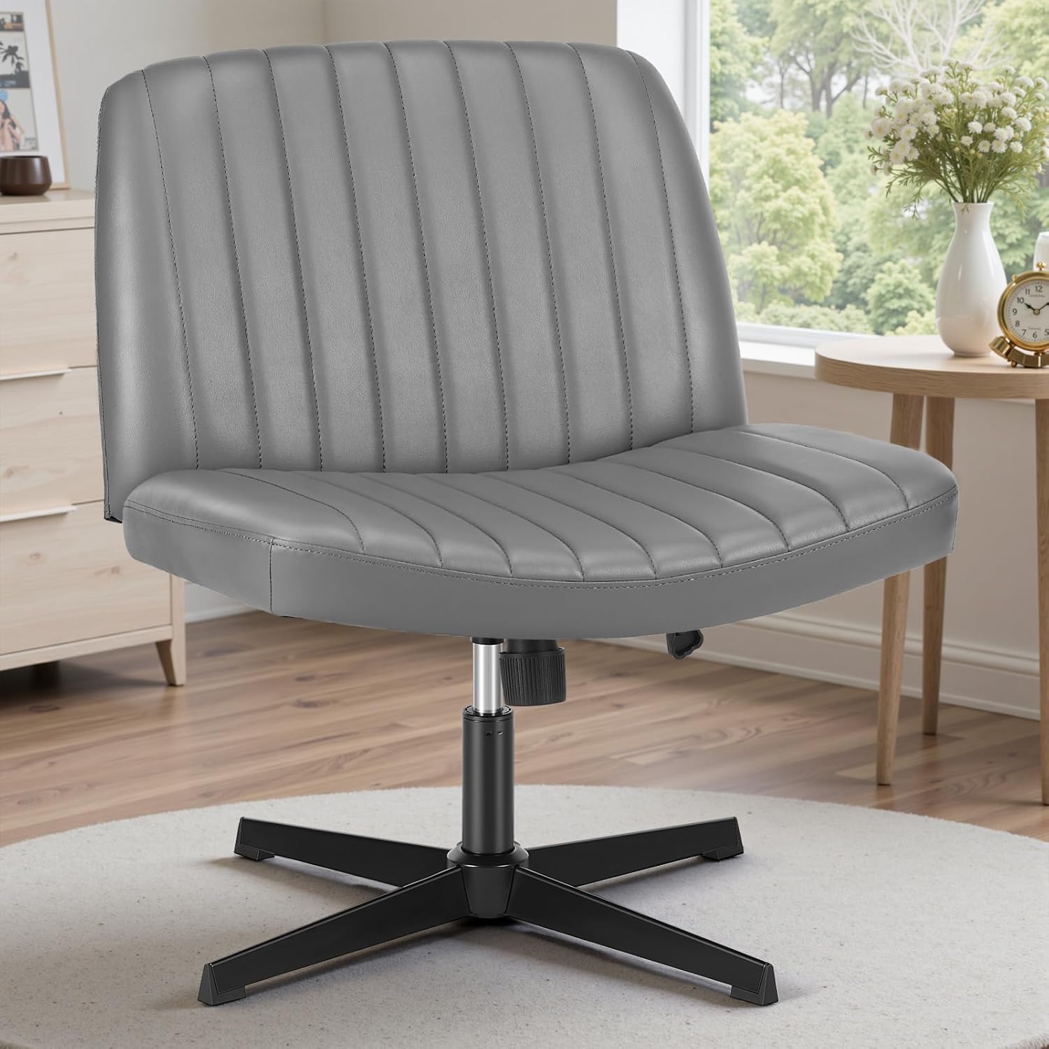 OLIXIS Criss Cross Chair with Wheels Wide Cross Legged Office Desk Vanity Chair Comfy Fabric Armless Adjustable Swivel for Home Computer Task Fabric Beige