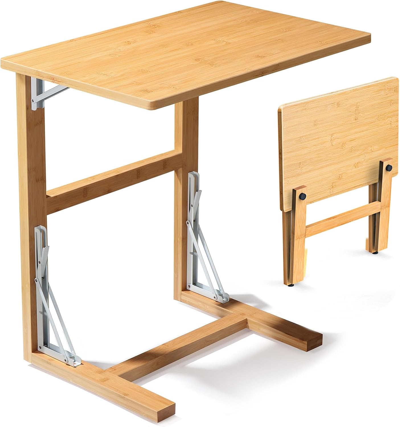 Tatub 24'' Folding TV Tray Table, Foldable C Shaped End Table Slide Under Couch, Small Sofa Side Laptop Desk for Living Room, Bedroom, Nature