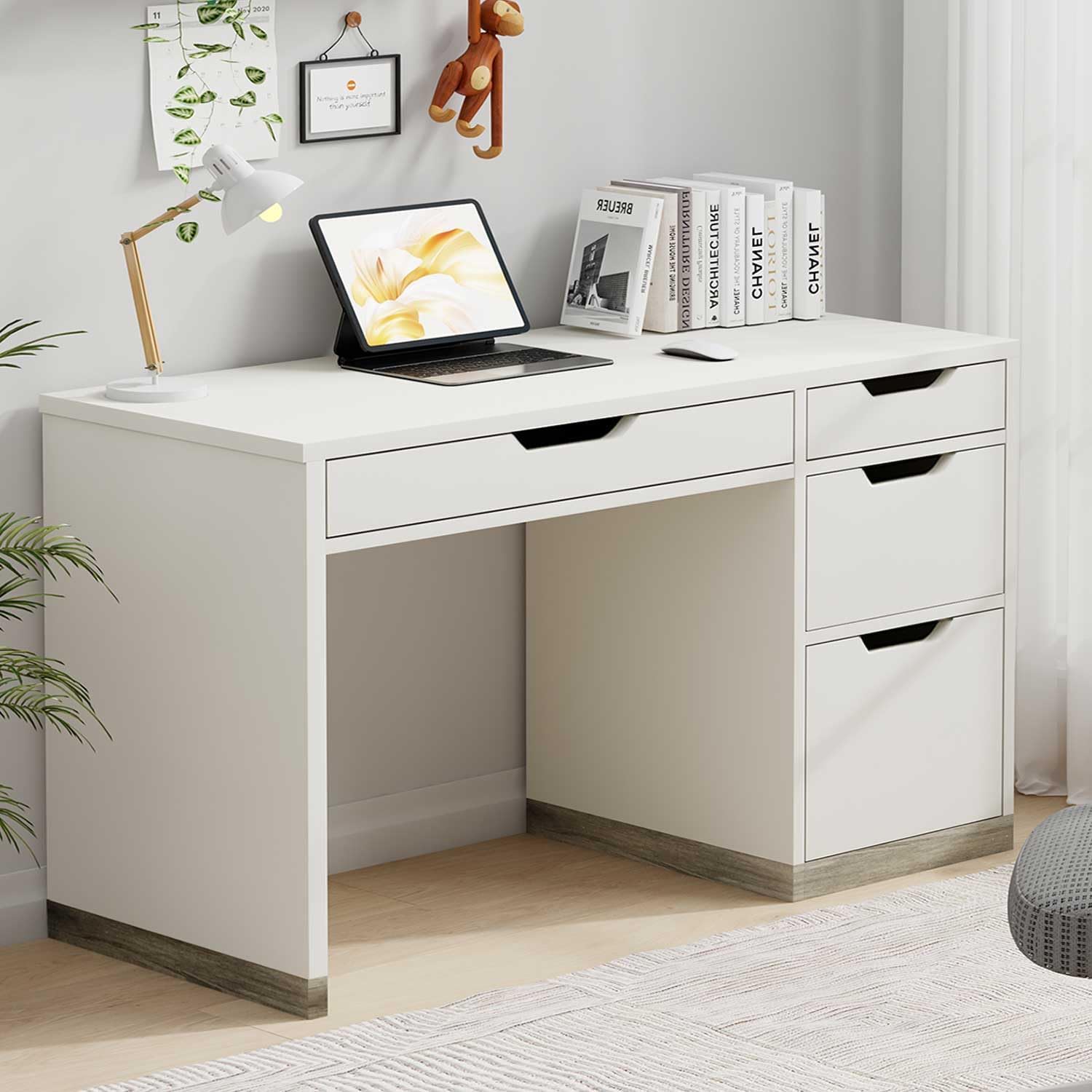 52 Inch Desk with 4 Drawers, Computer Desk with Storage File Cabinet for Bedroom, Small Office Desk with Storage for Small Space, White and Walnut
