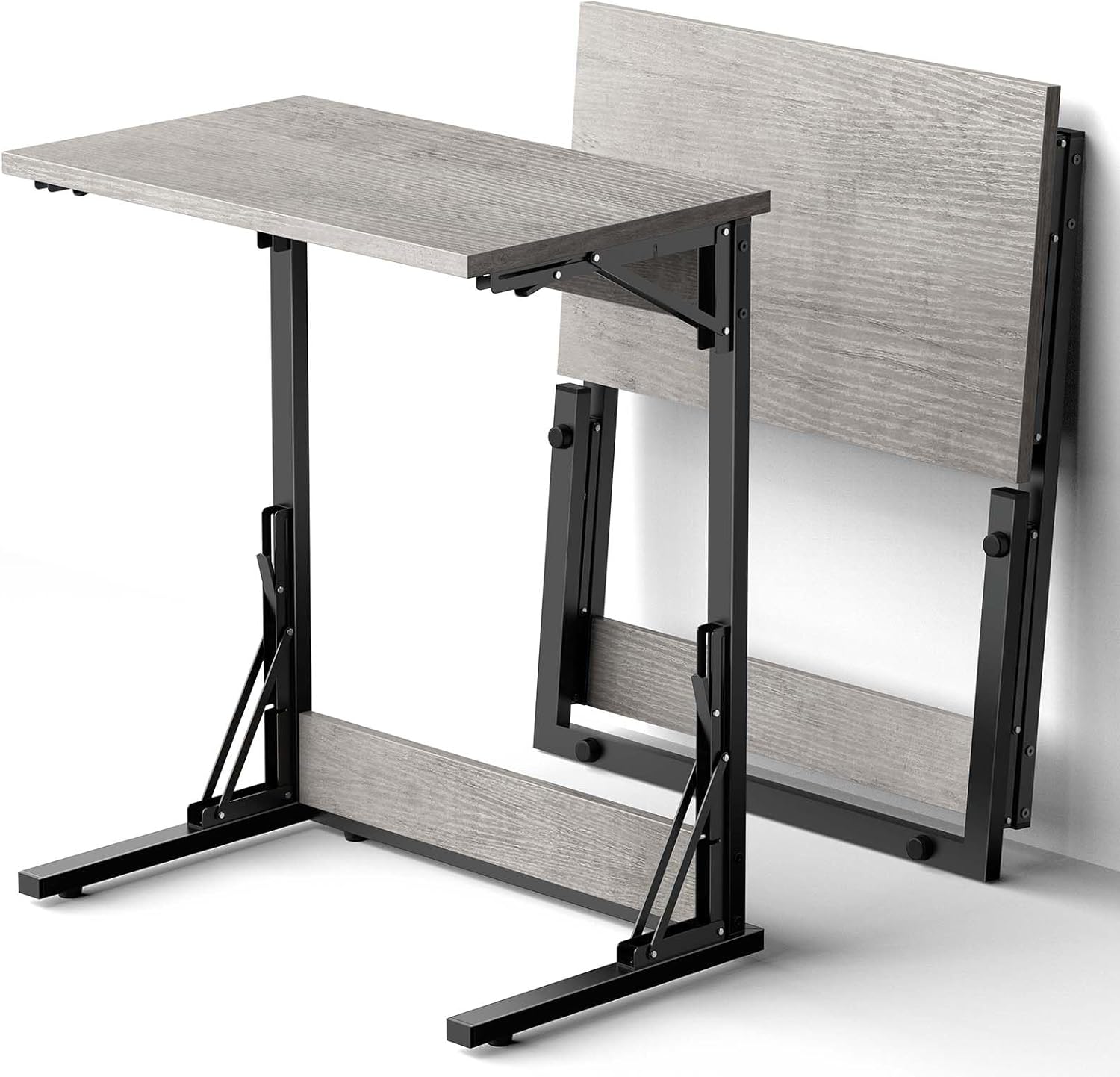 Tatub 24" Folding C Shaped End Table, Small Sofa Side Laptop Desk, Couch TV Tray Table for Living Room, Bedroom, Rustic Brown