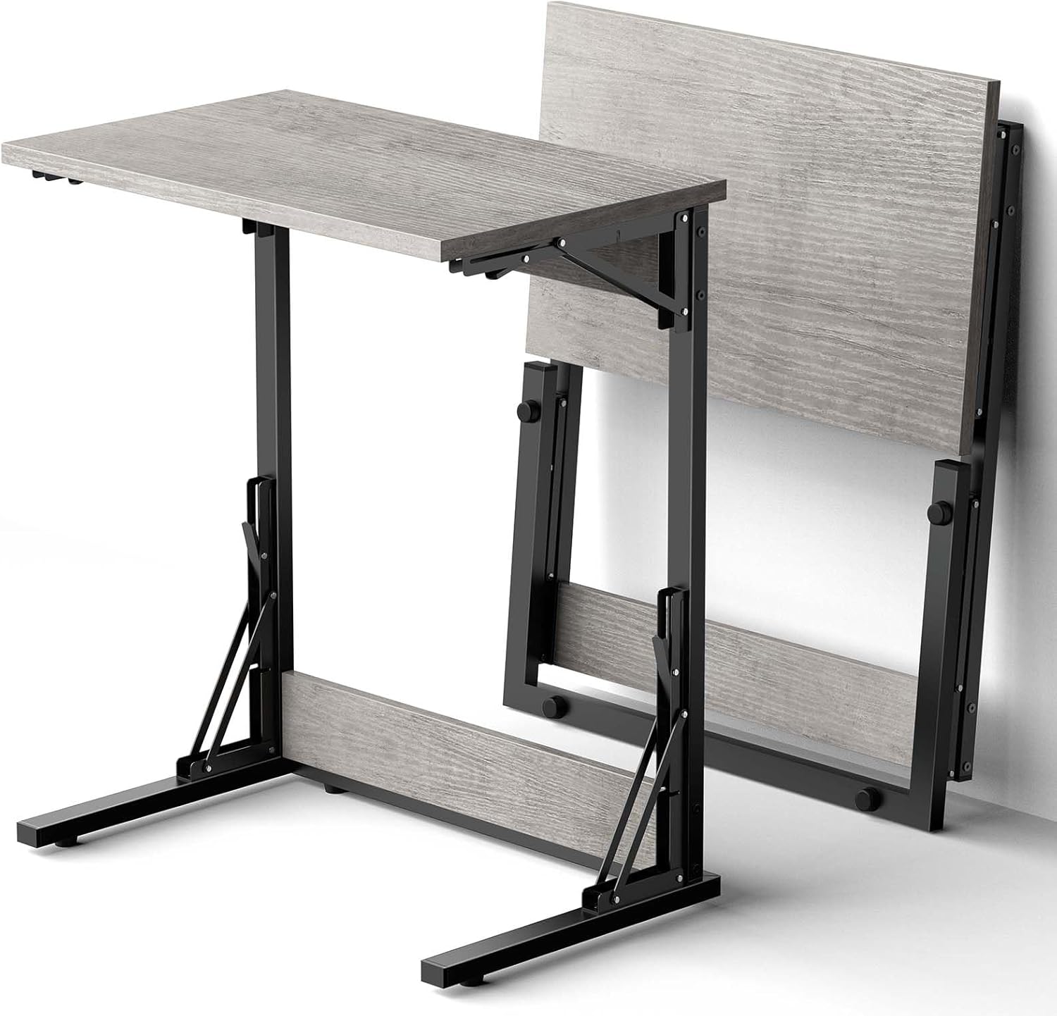 Tatub 24" Folding C Shaped End Table Set of 2, Small Sofa Side Laptop Desk, Couch TV Tray Table for Living Room, Bedroom, Rustic Brown