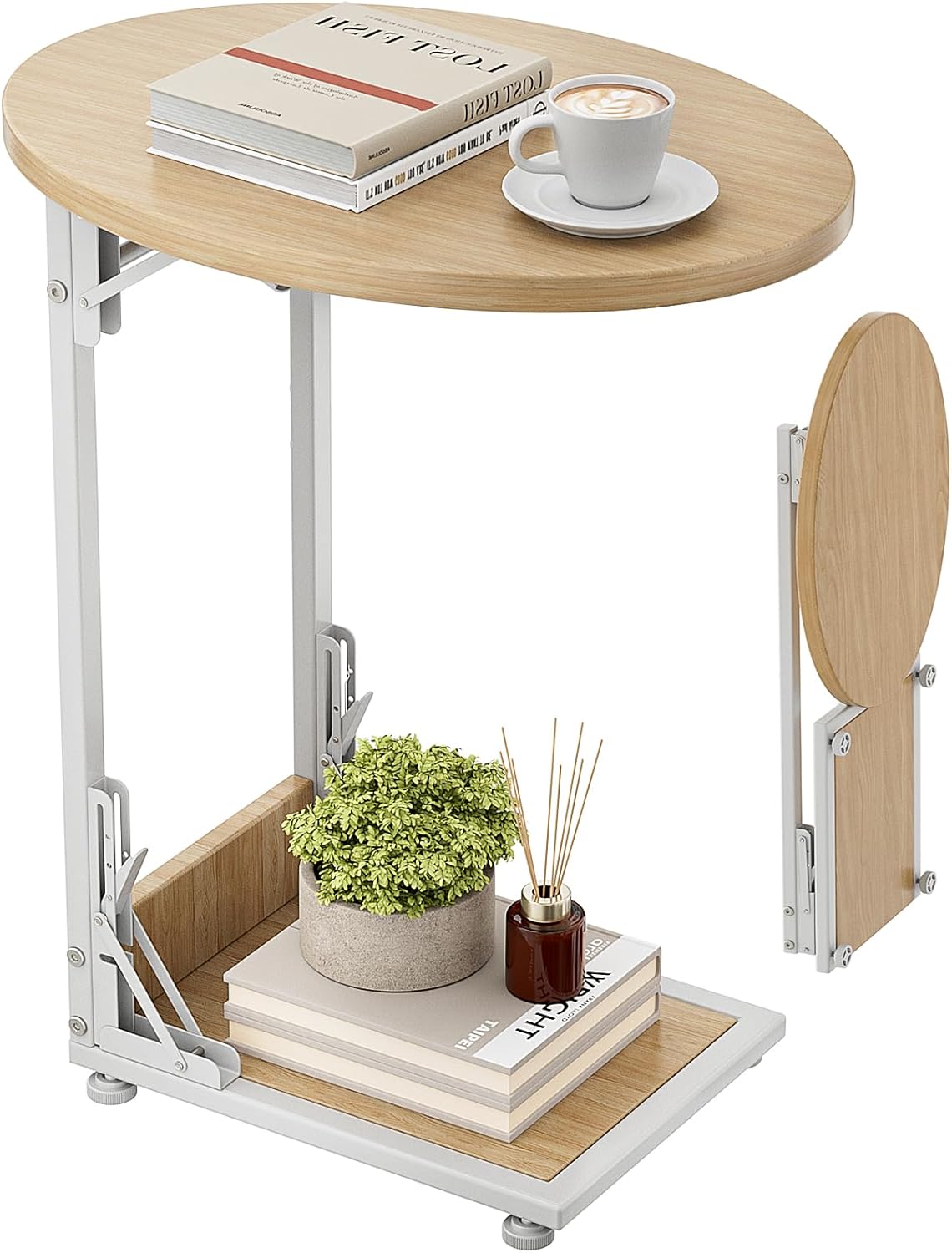 Elbourn Folding Side Table End Couch Tables, C-Shaped End Table for Living Room, Small End Table for Bedroom, Coffee Table (Black)