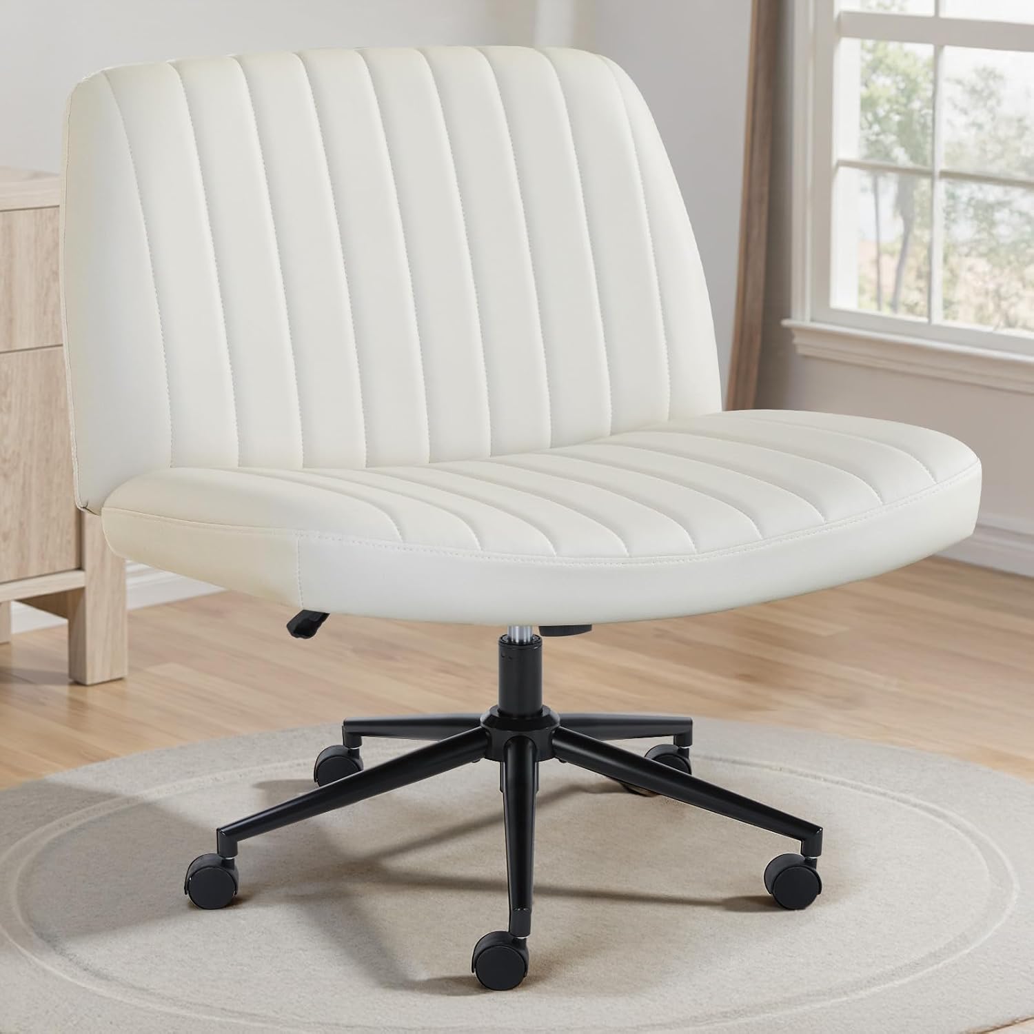 OLIXIS Criss Cross Chair with Wheels Wide Cross Legged Office Desk Vanity Chair Comfy Fabric Armless Adjustable Swivel for Home Computer Task Fabric Beige