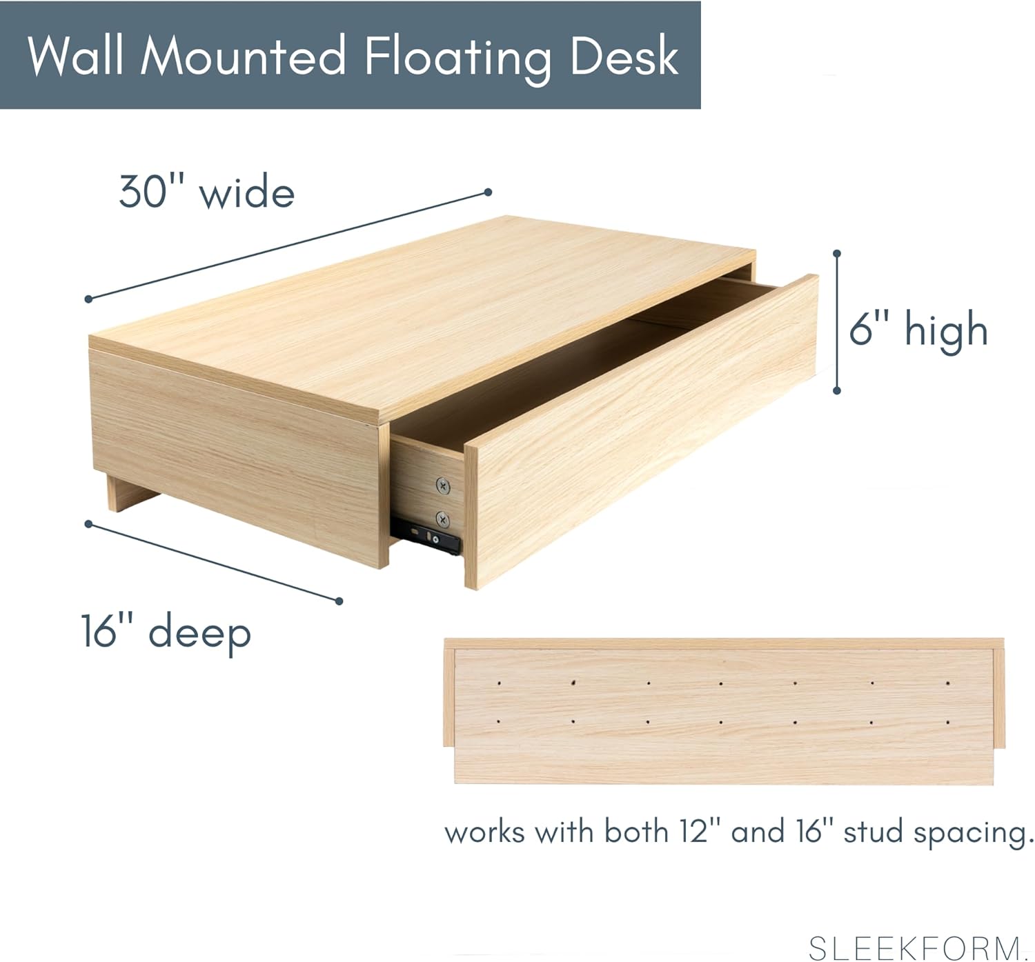 Sleekform Floating Desk for Wall with Drawer - 30x16x6 in. Floating Drawers, Wall Mounted Desk or Vanity Makeup Table, Modern White Oak Patterned Laminate