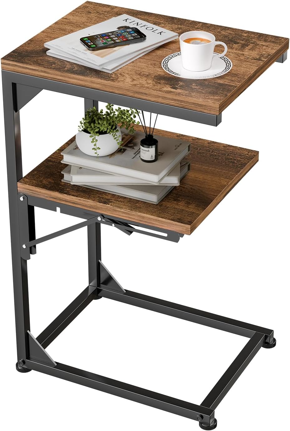 Simple Trending C Shaped End Table, Folding TV Tray Couch Side Table for Sofa on Wheels, Black