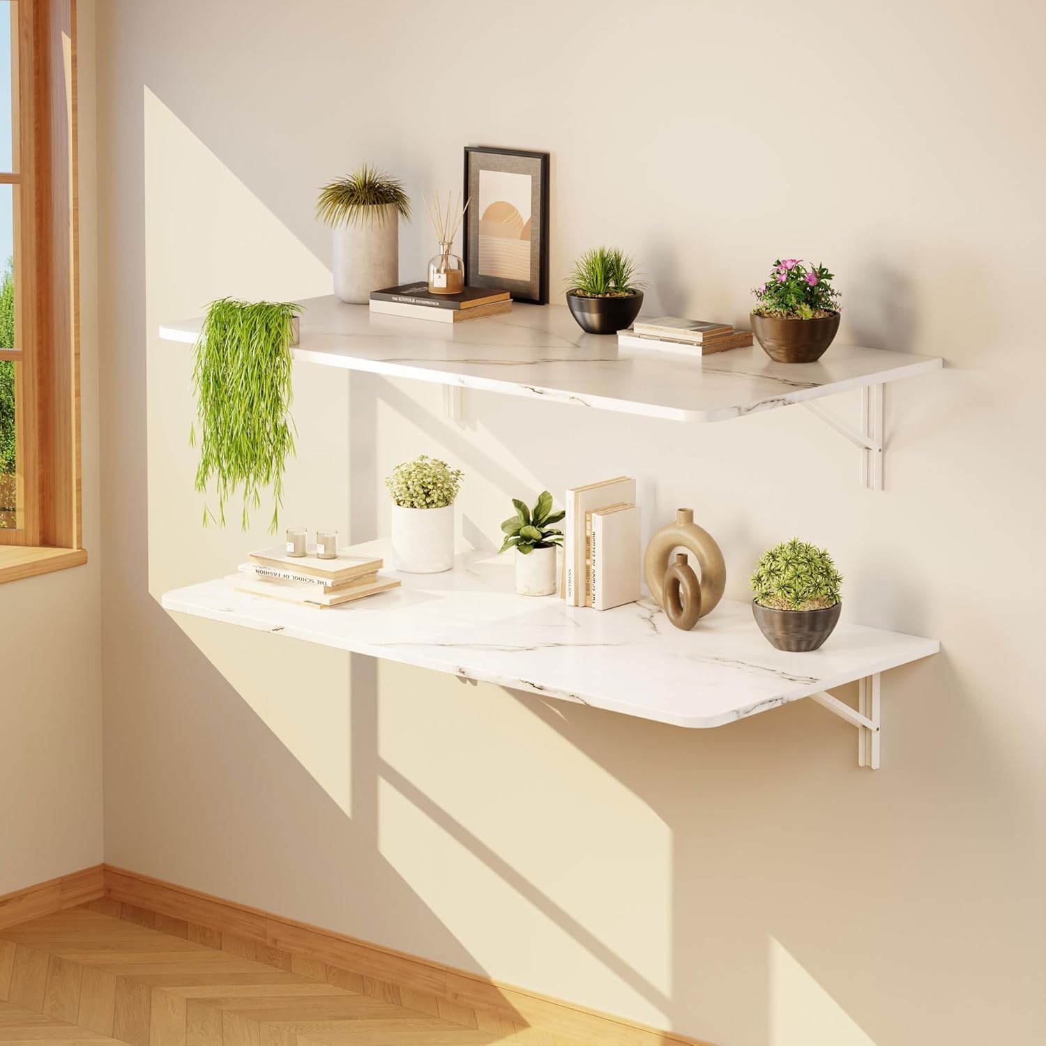 IAE Wall Mounted Floating Foldable Desk, 36" x 22" Folding Computer Workstation Table with Engineered Wood and Metal Shelf Brackets,Fold&Floating Design for Home Office, Small Rooms,Work Setups,White