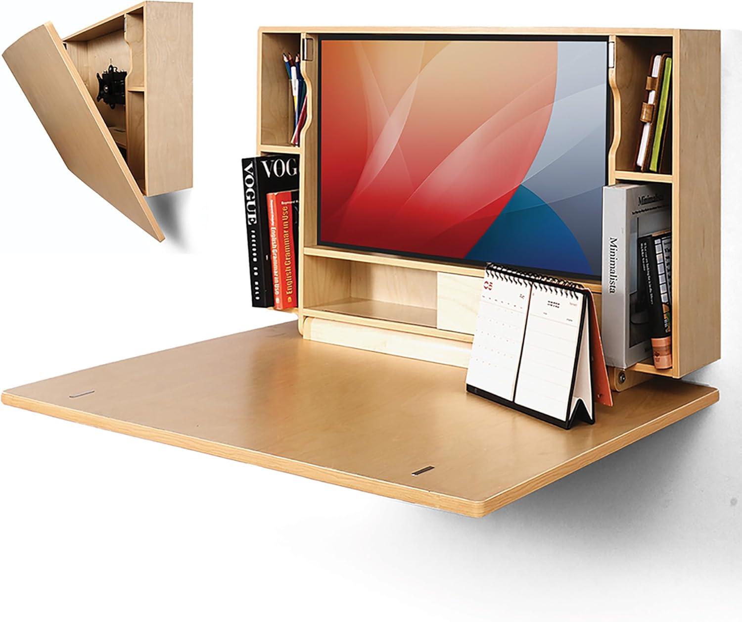 Wall Mounted Working Desk Folding 31 Inches, Space Saving Floating Desk for Small Spaces, Computer Table with Storage Shelf, Foldable Study Desk for Bedroom, Apartment, Home Office