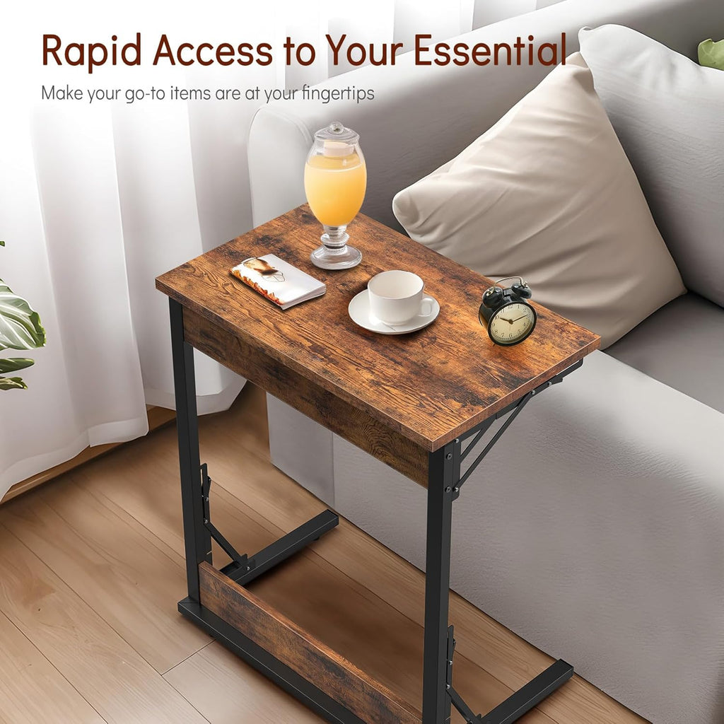 Tatub 24" Folding C Shaped End Table Set of 2, Small Sofa Side Laptop Desk, Couch TV Tray Table for Living Room, Bedroom, Rustic Brown