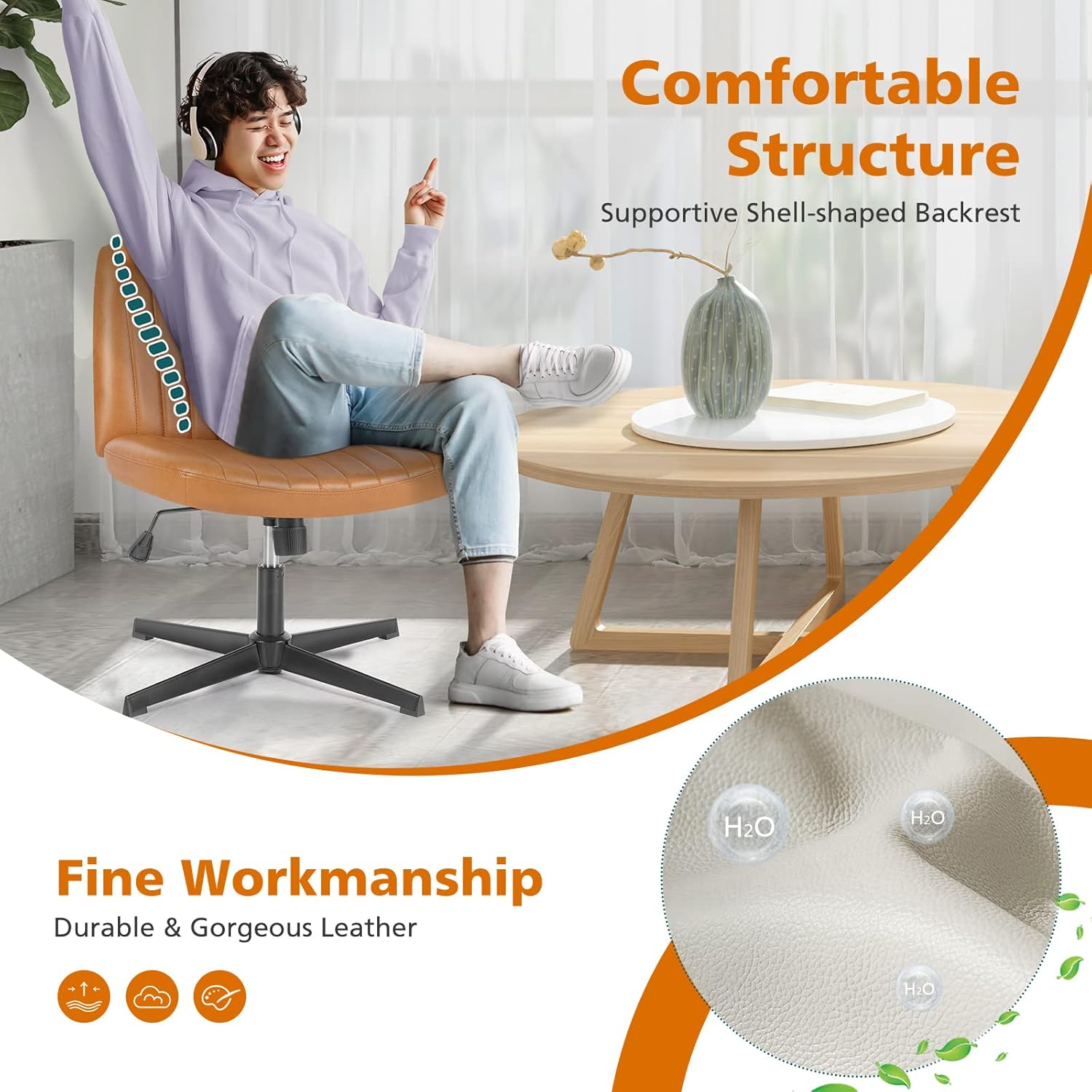 Sweetcrispy Criss Cross Chair Legged, Armless Office Swivel Desk Chair No Wheels, Vanity Height Adjustable Wide Seat Faux Leather Computer Task Seating for Home Bedroom