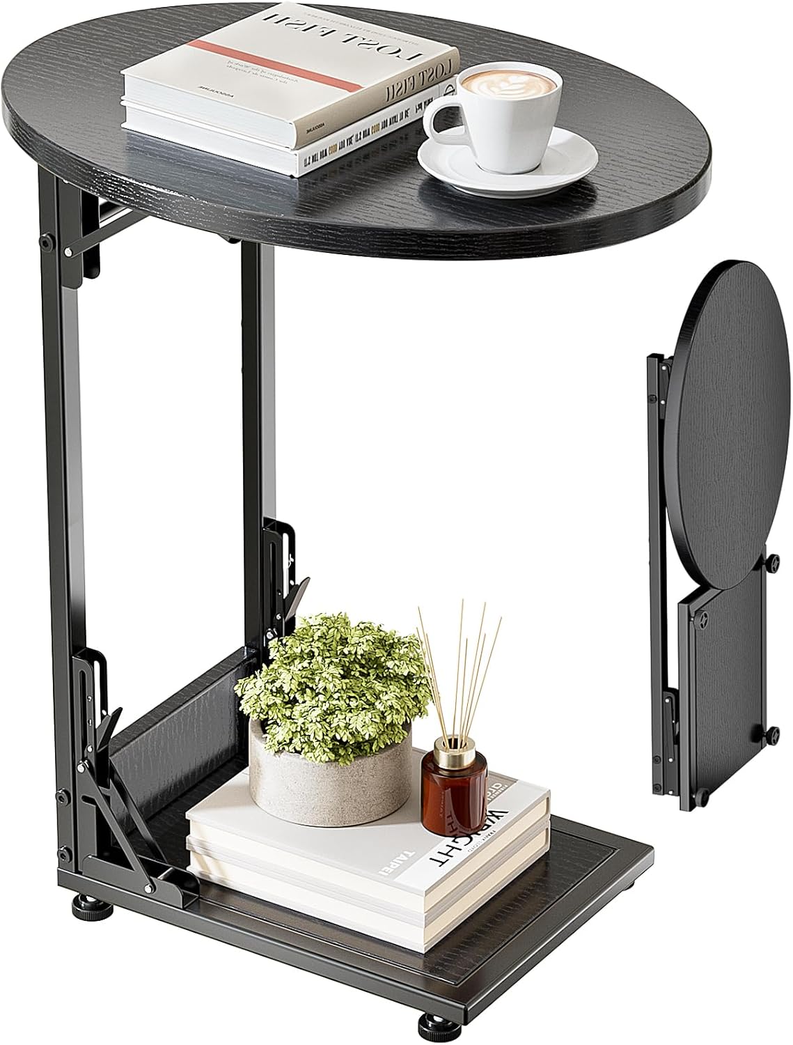 Elbourn Folding Side Table End Couch Tables, C-Shaped End Table for Living Room, Small End Table for Bedroom, Coffee Table (Black)